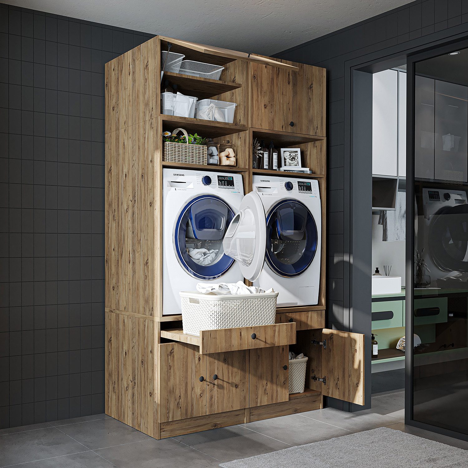 Roomart Waschmaschinenumbauschrank Doppelschrank 134 cm SERIE-I, 2 Geräte, 130 kg, Ausziehbrett, 3 Farben (Waschmaschinenschrank Trocknerschrank mit Schrankaufsätzen) 130 kg Belastbarkeit, Ausziehbrett, 2 Geräte möglich, in 3 Farben
