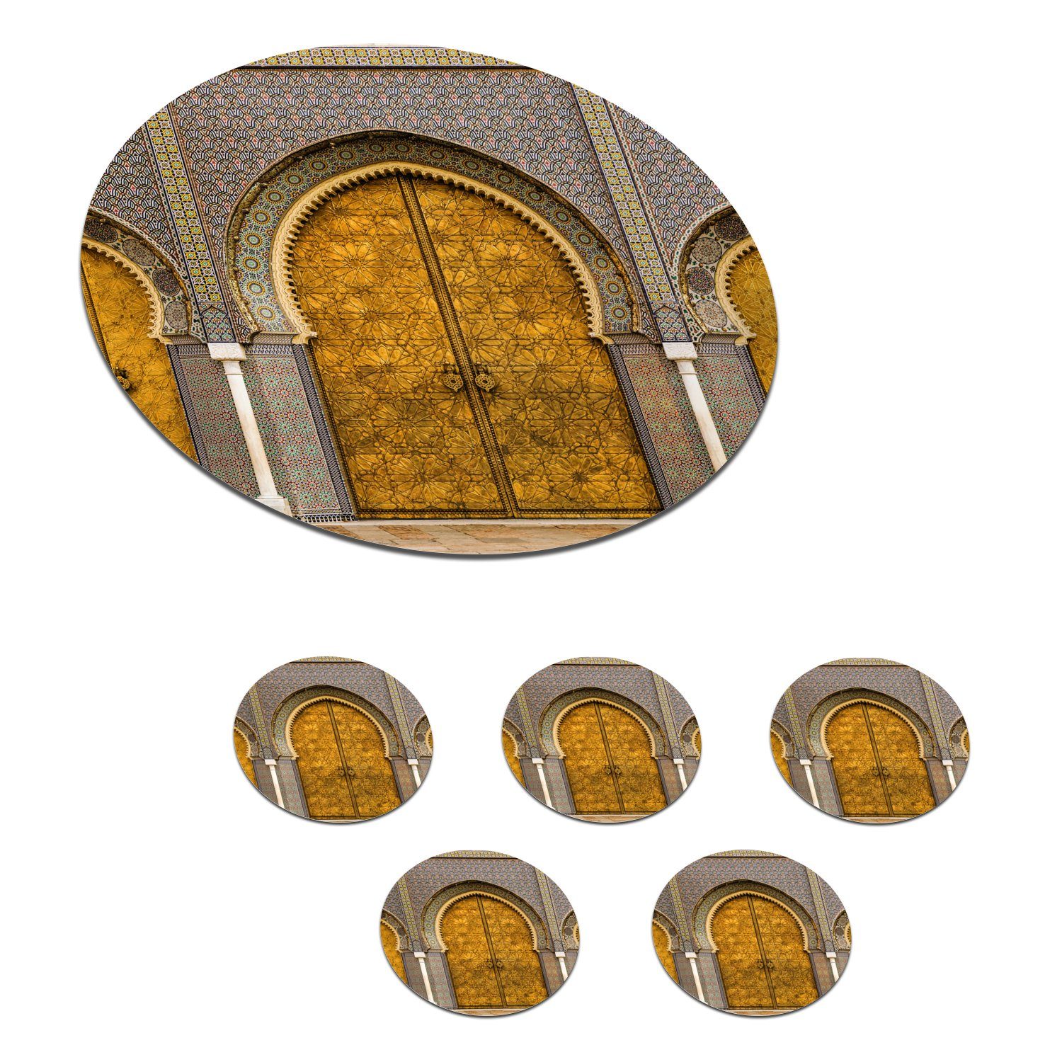 MuchoWow Glasuntersetzer Türen - Architektur - Gold - Muster, Zubehör für Gläser, 6-tlg., Getränkeuntersetzer, Tassenuntersetzer, Korkuntersetzer, Tasse, Becher