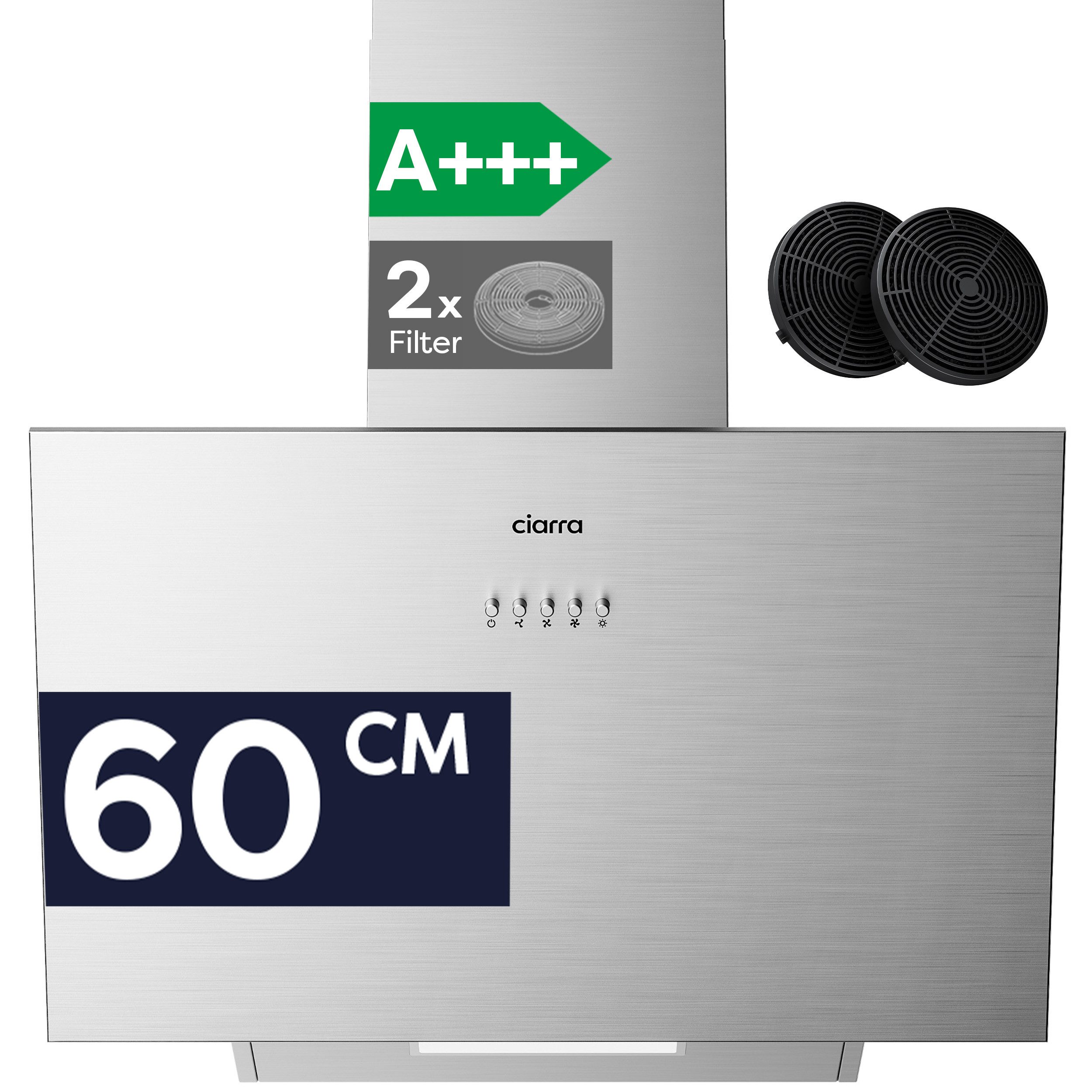CIARRA Kopffreihaube 60 cm Dunstabzugshaube A+++ 650 m³/h starke Saugleistung VM6762AS 60 cm Dunstabzugshaube A+++ 650 m³/h starke Saugleistung VM6762AS, Leise Schräghaube mit Kohlefilter LED Umluft & Abluft 3 Stufen