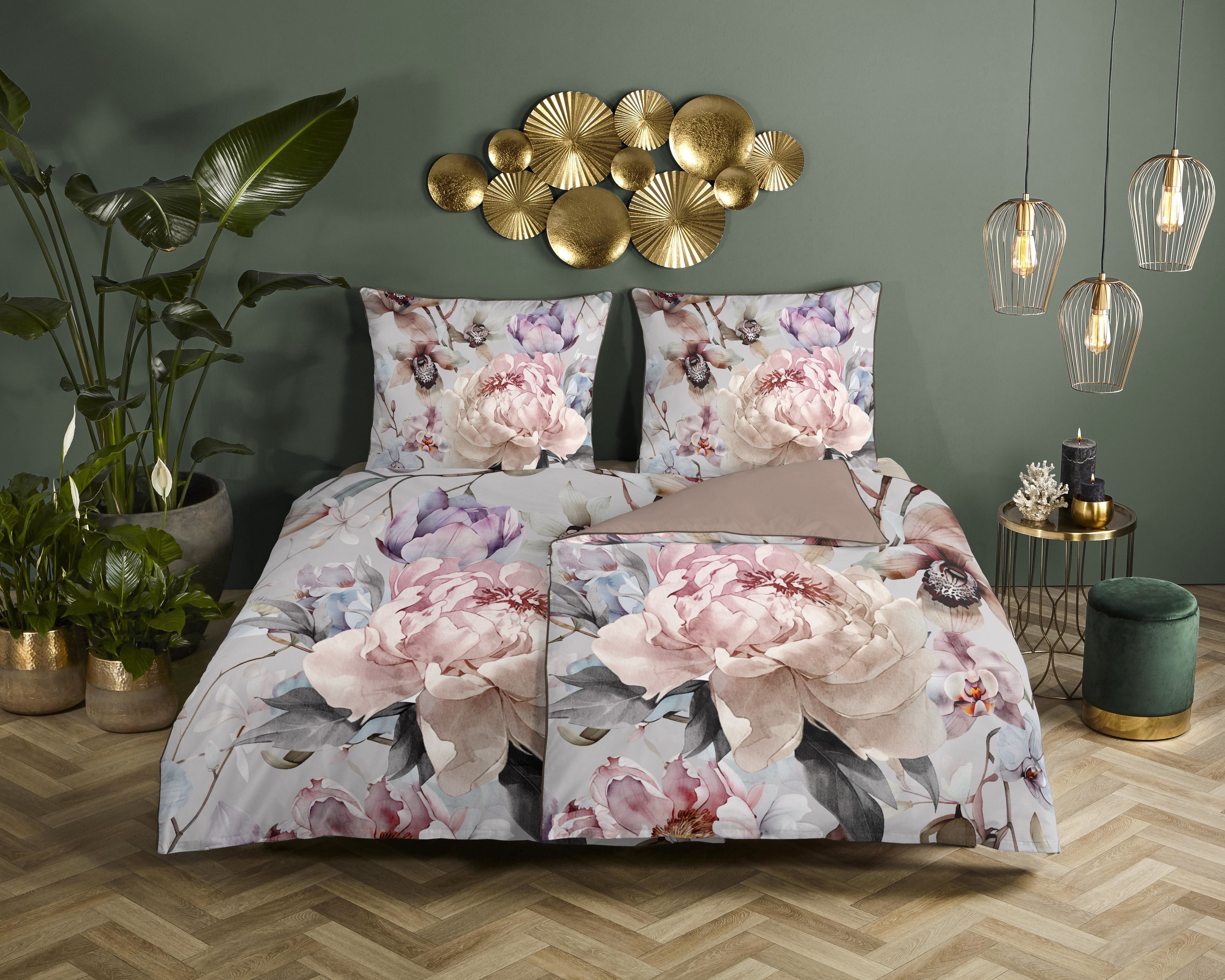 Descanso Wendebettwäsche Colinda, Mako-Satin, Renforcé, Satin, 2 teilig, Satin, Reißverschluss, Paspel, Biese, Wendeoptik, Luxe, Blumen, grau