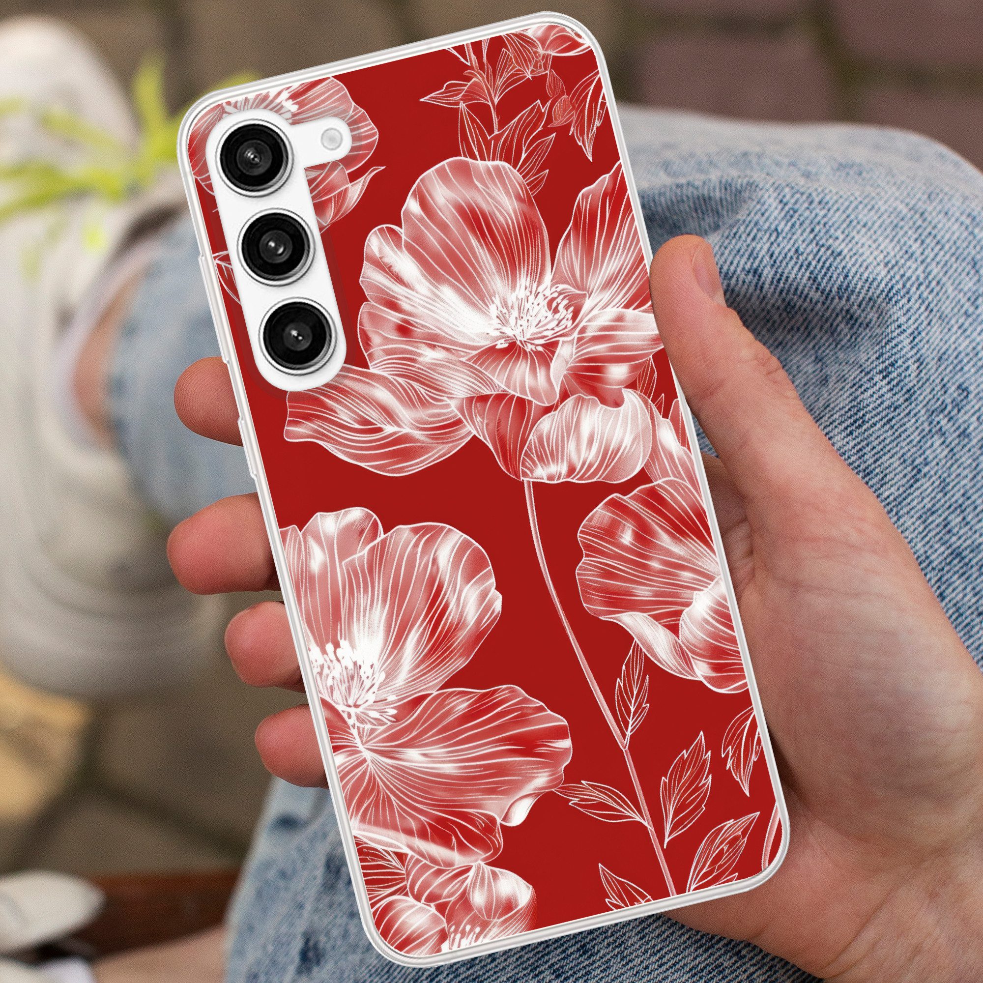 MuchoWow Handyhülle für Samsung Galaxy S23 Plus Blumen - Muster - Rot - Weiß, Phone Case, Silikon, Schutzhülle Dünn