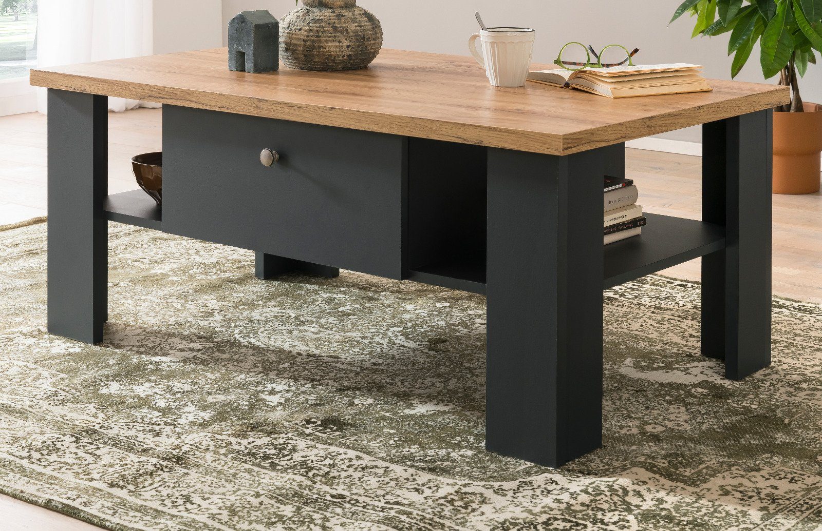 Furn.Design Couchtisch Ribera (Wohnzimmer Tisch in matt grau mit Wotan Eiche, 110 x 70 cm), 2 Schubladen mit Soft-Close