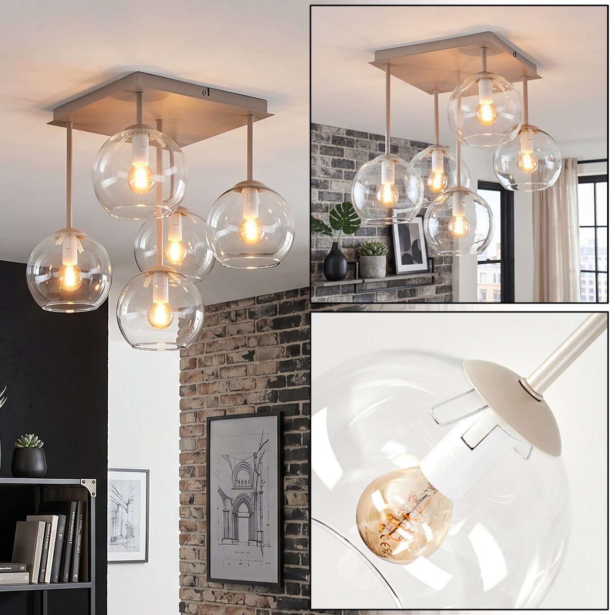hofstein Deckenleuchte Deckenlampe aus Metall/Glas in Sandfarben/Weiß/Klar, moderne Deckenleuchte im Retro/Vintage/Boho-Design, 5 x E14