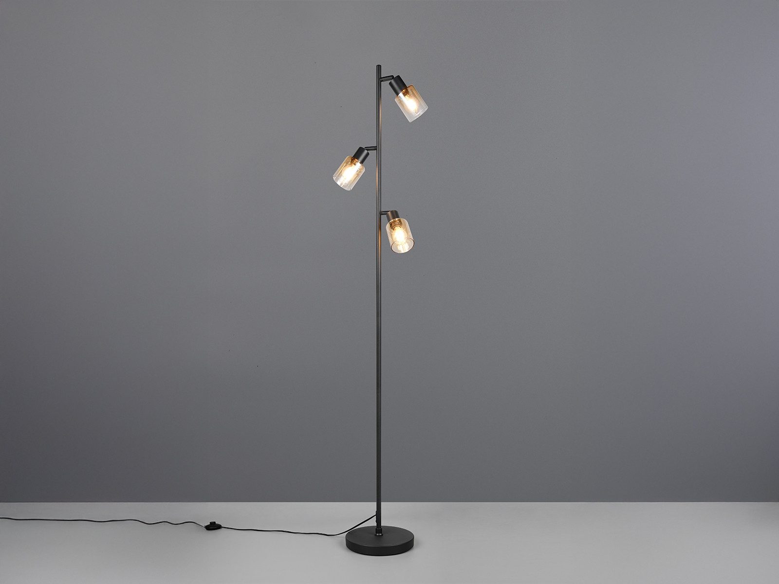 Reality Leuchten LED Stehlampe mit 3 schwenkbaren Glas Spots Höhe 154cm, Dimmfunktion, LED wechselbar, Warmweiß, Wohnzimmer Stehleuchte mit Strahlern Amberfarbi – Bild 3 von 5