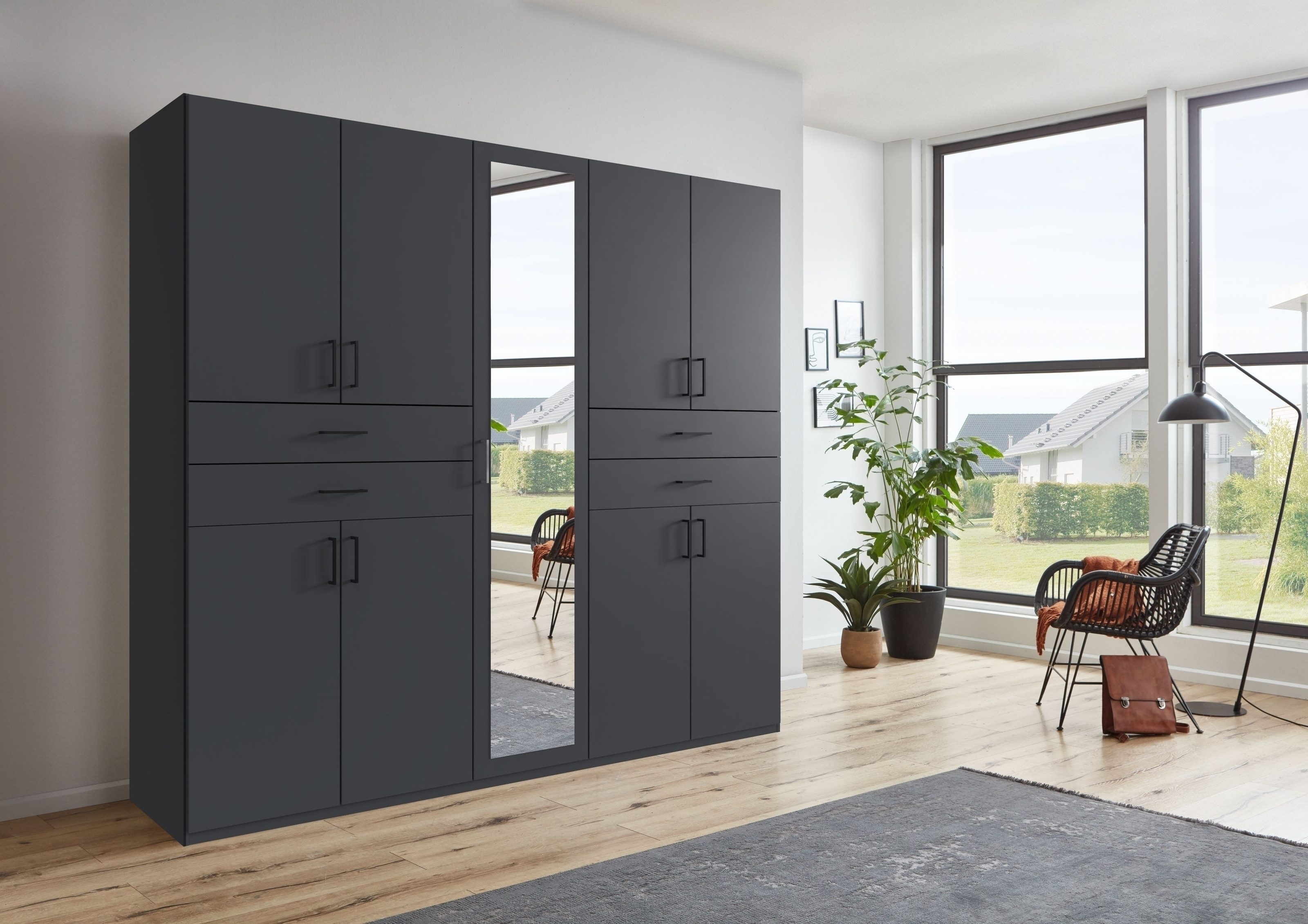 freiraum Drehtürenschrank Taiga 4 Schübe, 9 Türen, Spiegel, Graphit - 225x208x58cm (BxHxT)