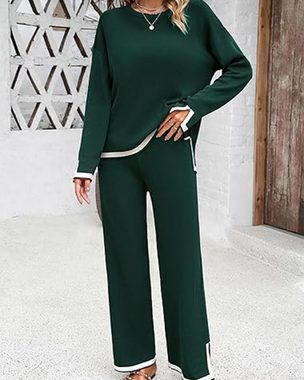 B.X Langarmshirt & Hose Zweiteiliger, gestrickter, einfarbiger Anzug mit langen Ärmeln Damen Set mit 2 gestrickten Oberteilen für Damen, lässige Loungewear