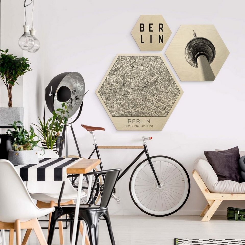 Wall-Art Mehrteilige Bilder Hexagon Set Typisch Berlin City, (Set, 3 St)
