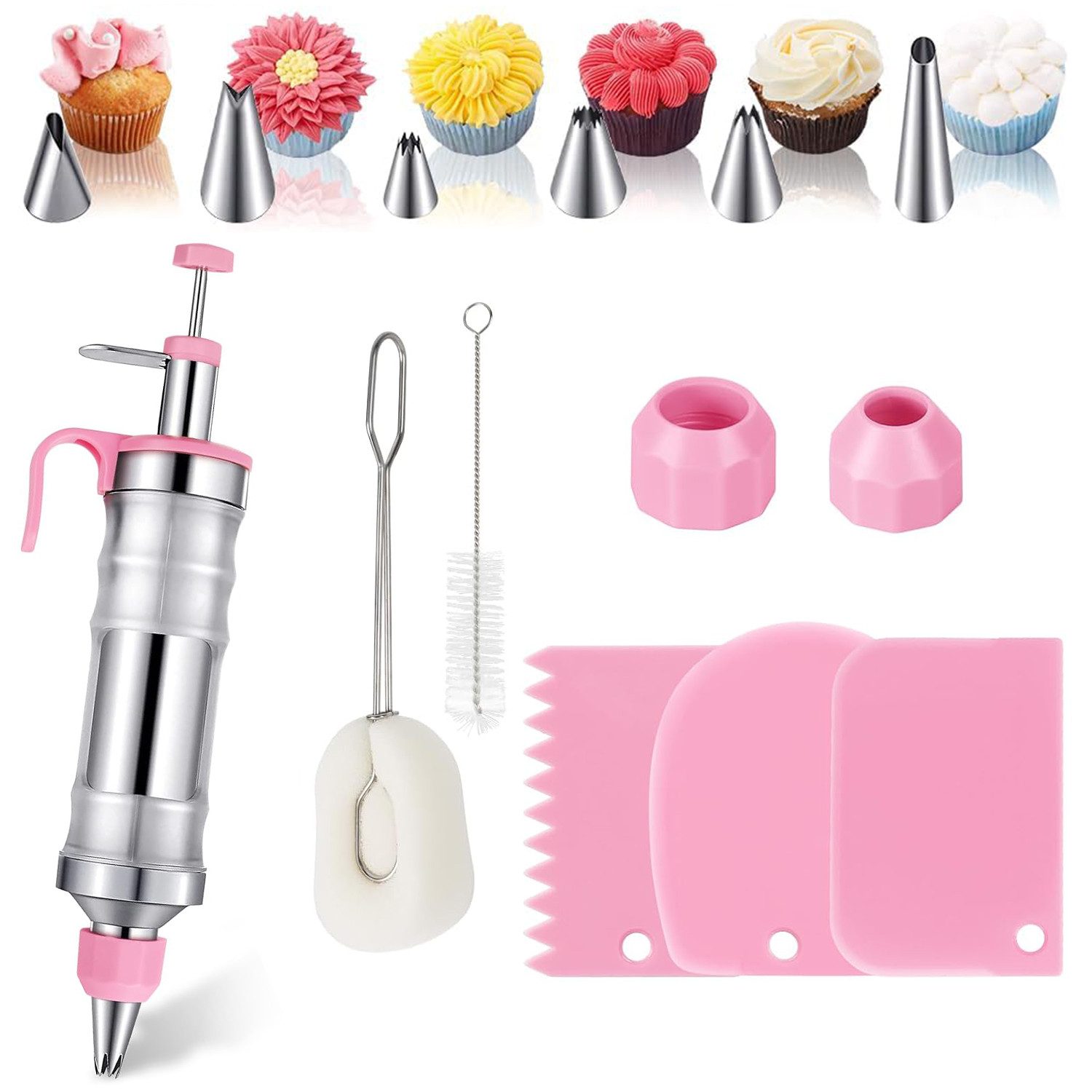 Refined Living Кондитеские мешочки 14 tlg Tortenwerkzeug Garnierspritze Edelstahl Set 400ml Tortenspritze (6 Tüllen, 2 Adapter, 3 Schaber, Schwammbürste, Düsenreinigungsbürste, Sahnespritze Torten Zubehör für Cupcakes, Torten Dekorieren, Kuchen) Spritztüllen Set Gebäckspritze Wiederverwendbar Dessert-Dekorateur