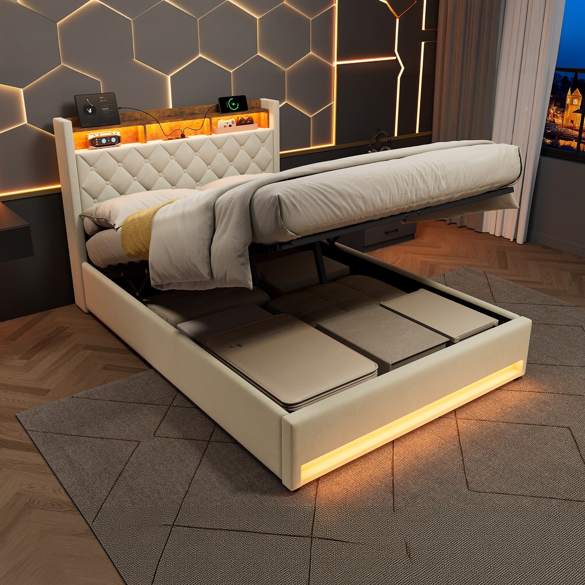 REDOM Polsterbett mit Premium-Samt – Stabil, Komfortabel, Zeitlos (Robuster Holz-Eisen-Rahmen • Atmungsaktiver Schaum • Inklusive Lattenrost, 1-tlg., 140*200), Mit LED-Lichtleiste und USB-Aufladung