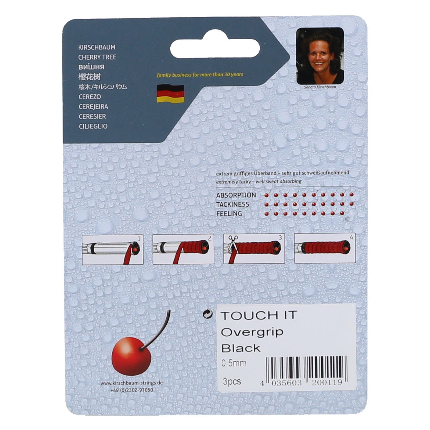 Kirschbaum Griffband Overgrip Touch it 0.5mm (extreme Griffigkeit) schwarz 3er