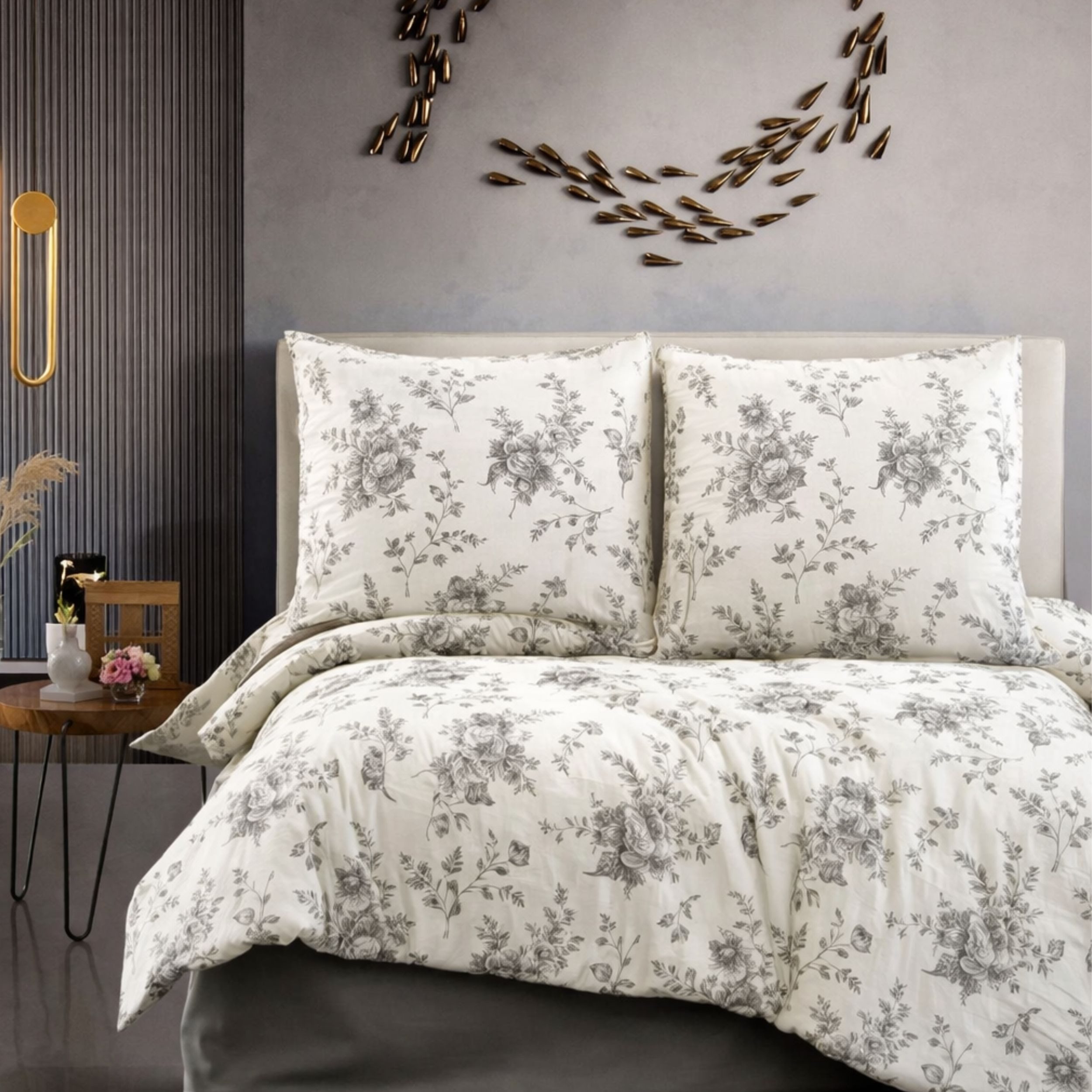 ZIRVEHOME Bettwäsche Baumwolle Bettwäsche-Set Beige Bettbezug Schwarz geblümt Evla V1, Renforce, 2 teilig, Baumwolle Bettbezug Beige mit Blumenmuster in Schwarztönen