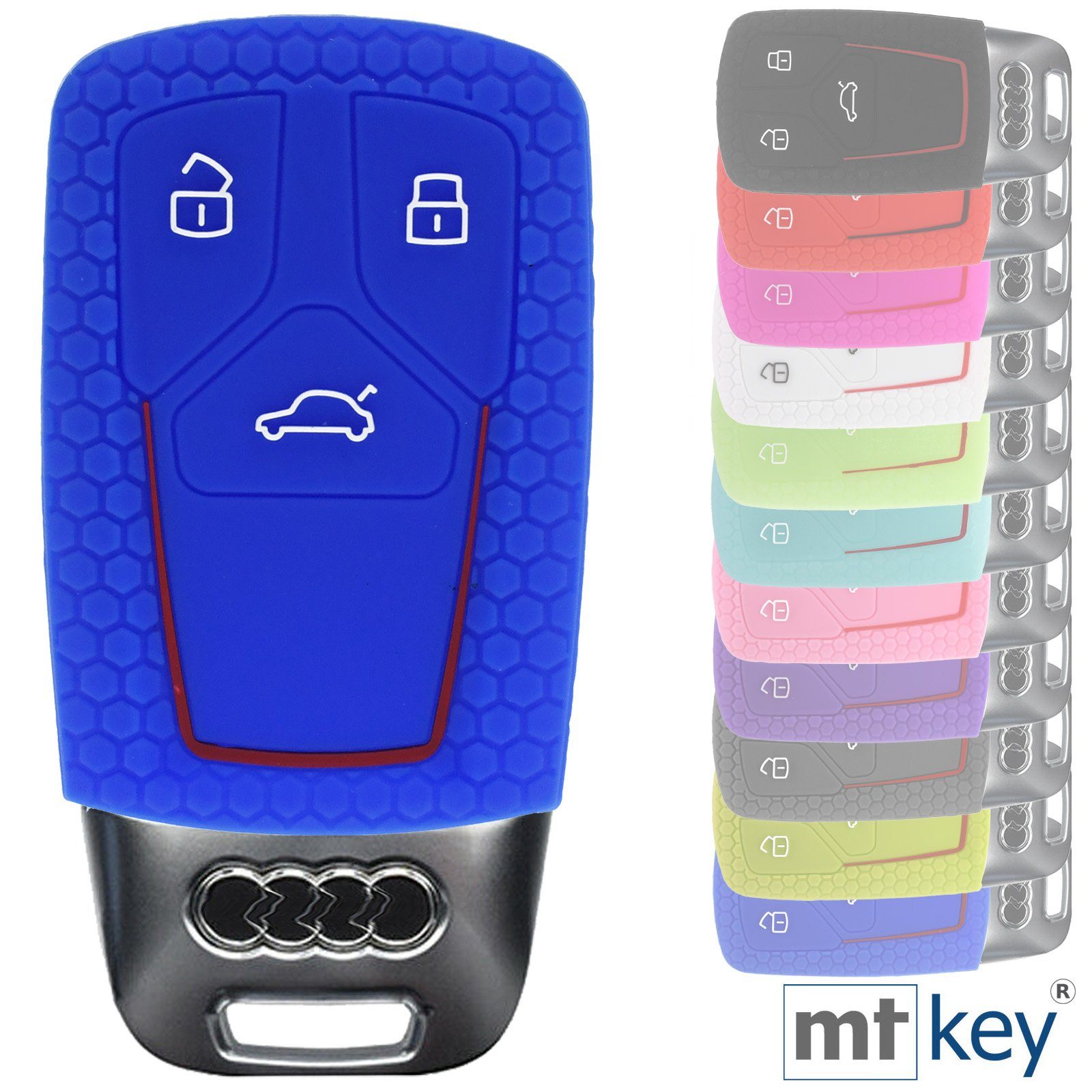 mt-key Schlüsseltasche Autoschlüssel Softcase Silikon Schutzhülle im Wabe Design Blau, für Audi A4 A5 A6 A7 TT Q2 Q5 Q7 A8 Q8 3 Tasten KEYLESS SMARTKEY