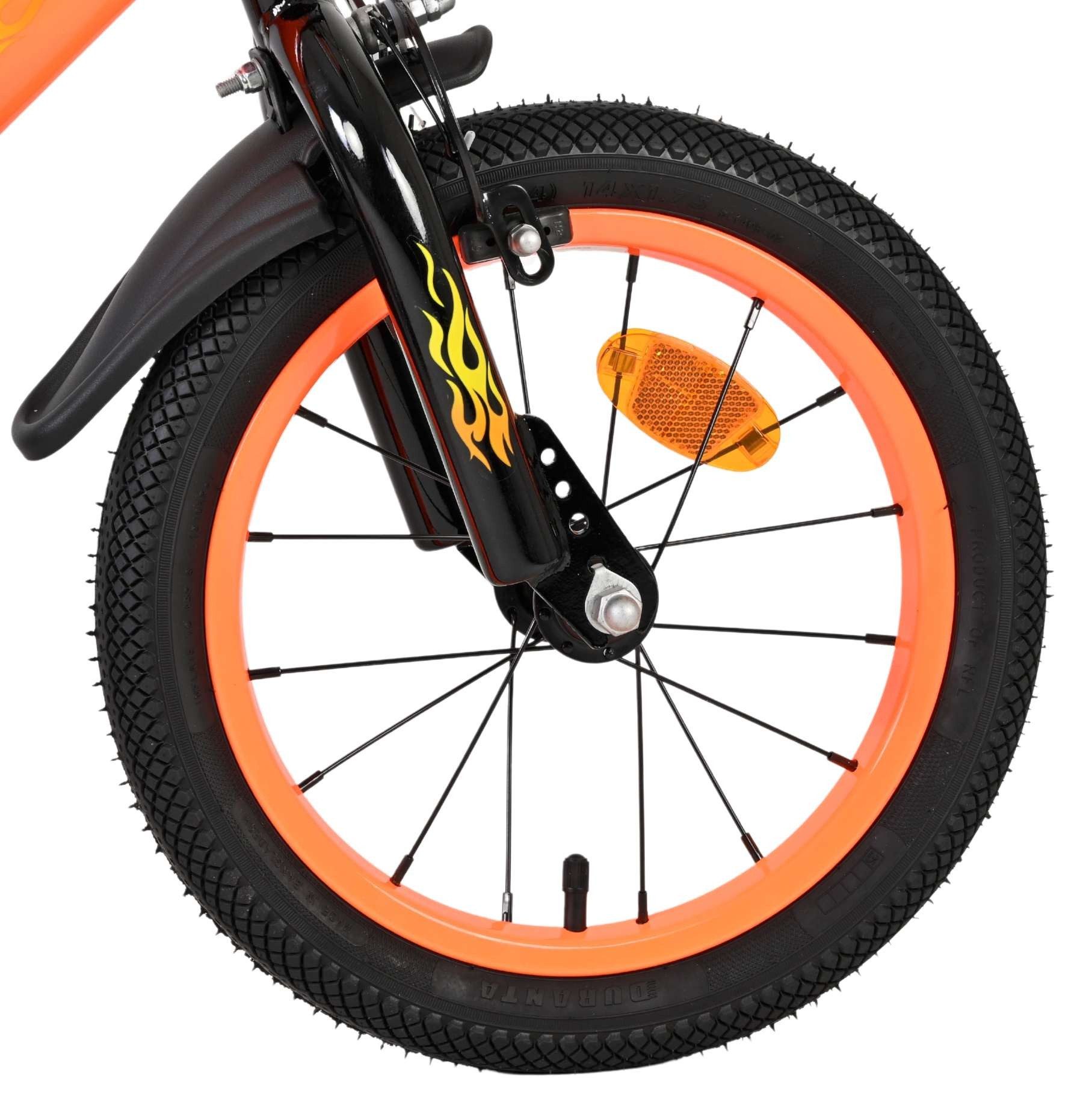 Volare Kinderfahrrad Strike 14 Zoll für Jungen – Schwarz-Orange, 2 Handbremsen, Stützräder, Geschlossener Kettenschutz, Reflektoren vorne und hinten
