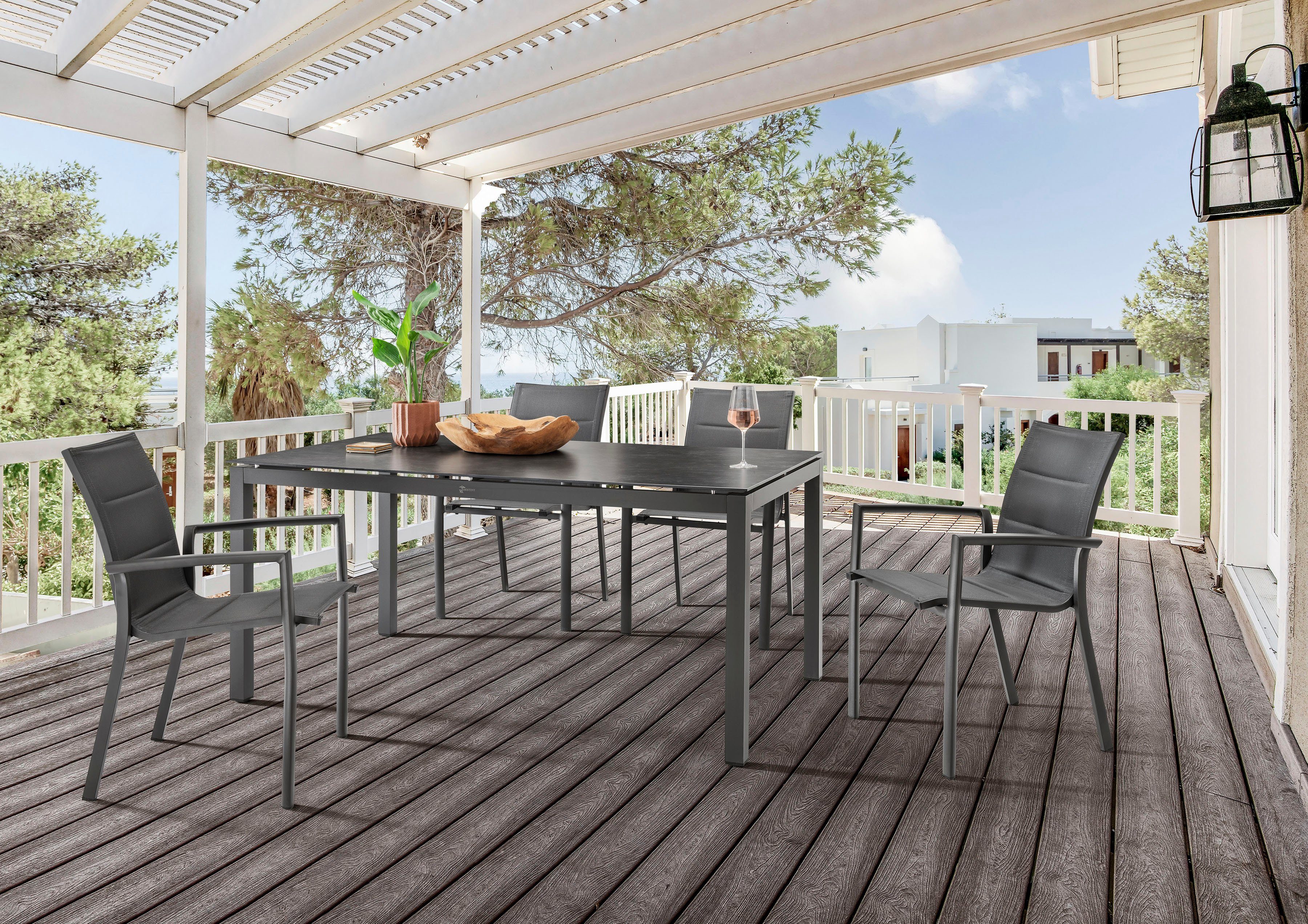 Destiny Garten-Essgruppe COSTA CREMONA, (5-tlg), 4 Stapelsessel Textilene, 1 Tisch 160x90x74 cm