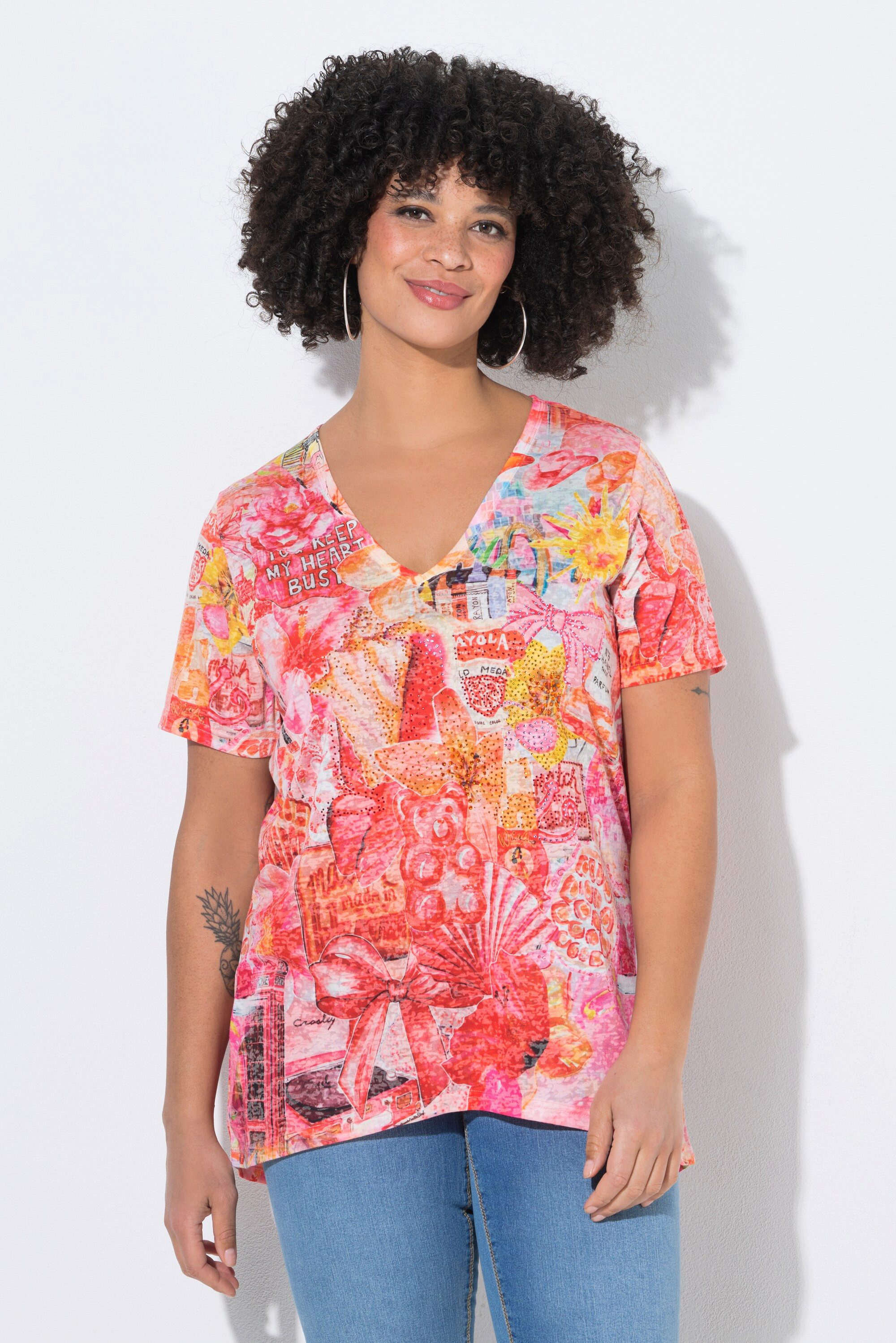 T-Shirt T-Shirt A-Linie Glitzersteinchen Sommer-Muster