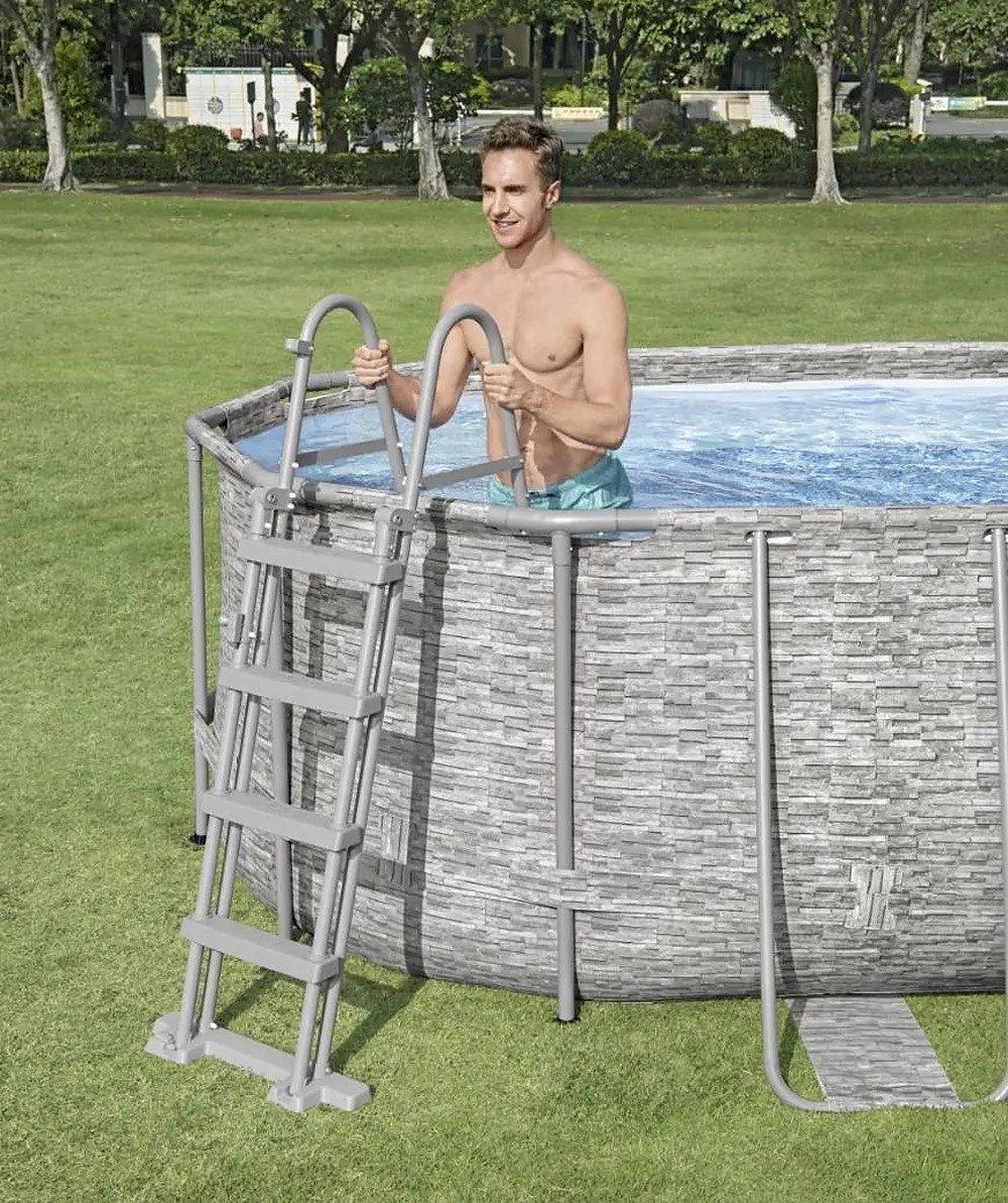BESTWAY Poolleiter Schwimmbeckenleiter Einstiegshilfe (Spar-Set, 1-St., 122x76,5x163cm robust), Rutschfeste Stufen, korrosionsbeständig, hochklappbar