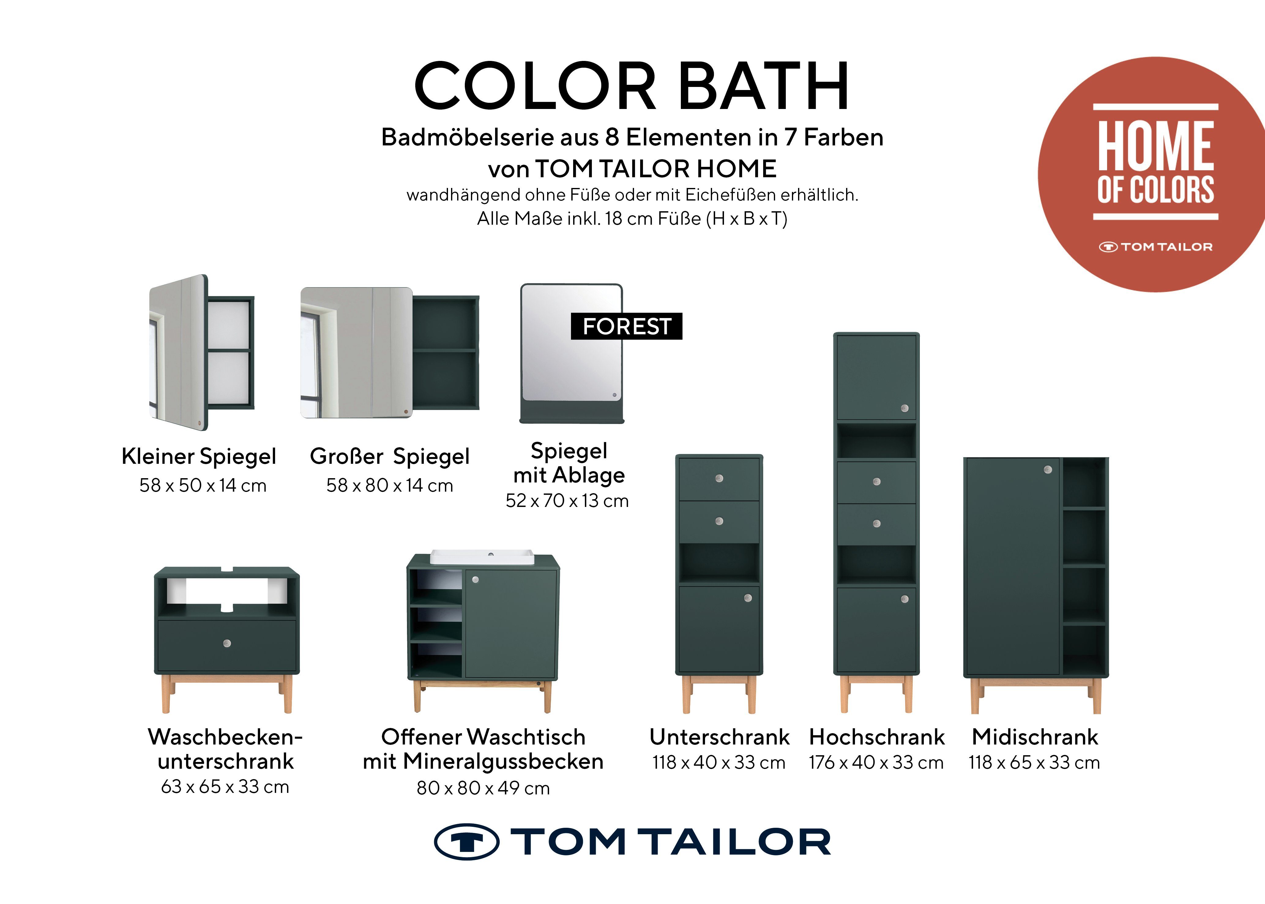 TOM TAILOR HOME Badspiegel COLOR in BATH Farben mit gerundeten mit großer Mirror Large - Stauraum, MDF Ecken, attraktiven vielen lackiert Badspiegel forest031