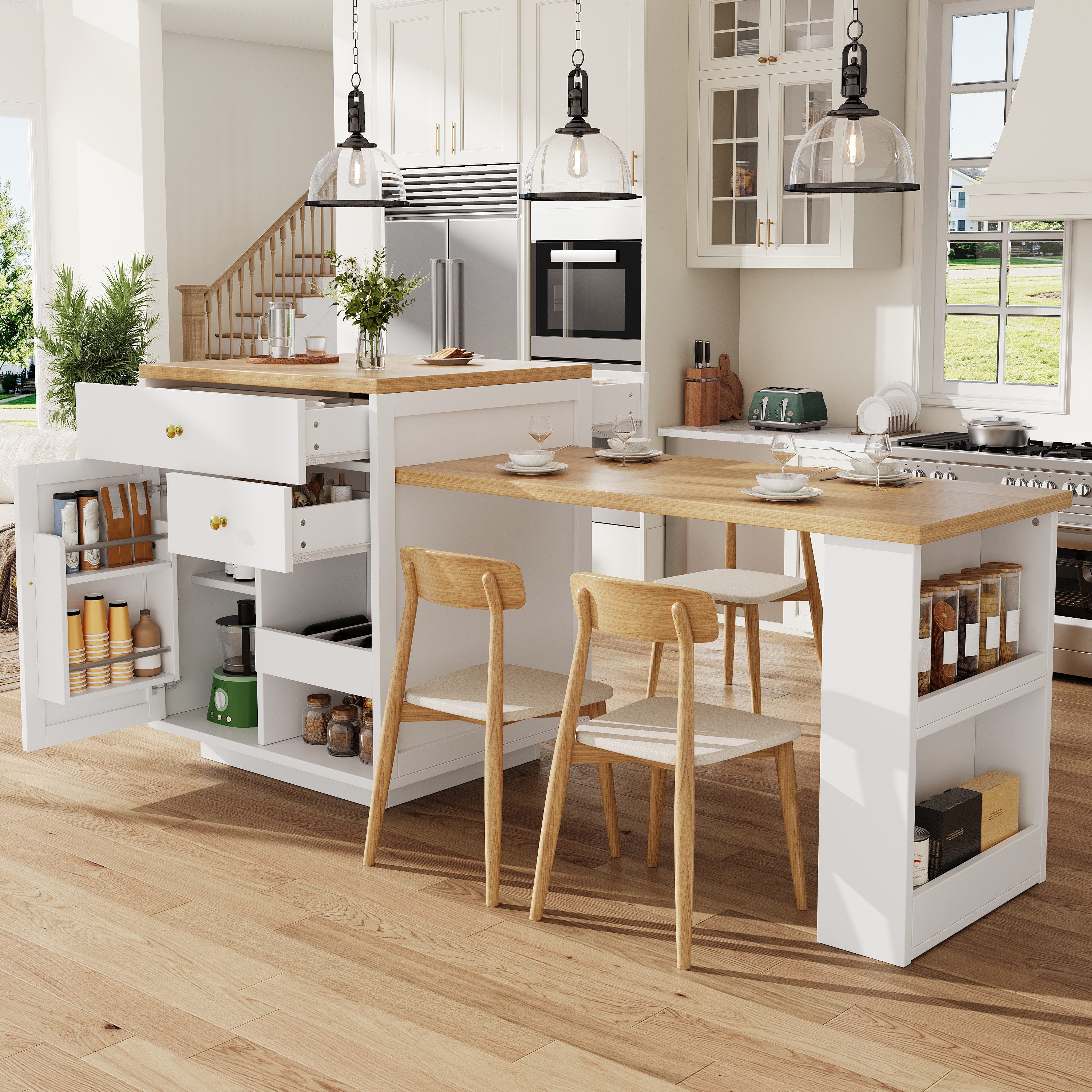 Flieks Kücheninsel mit ausziehbarer Esstisch, 3 Schubladen und 1 Türablagen, (122,5-195,5cm Länge verstellbar), Multifunktionaler Küchenschrank mit erweiterbarer Tisch Weiß