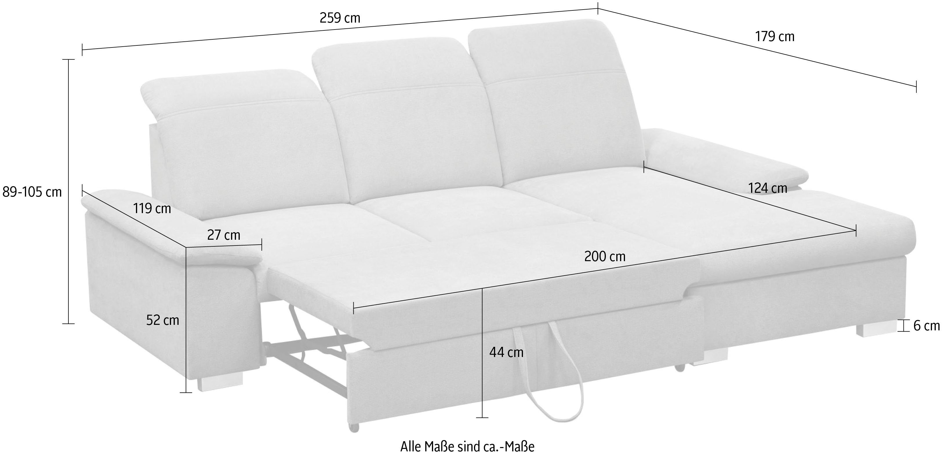 Ecksofa Schlaffunktion, Sitztiefenverstellung platin INTERIORS Bettkasten, Kopfteilverstellung, CALIZZA 2, Moli