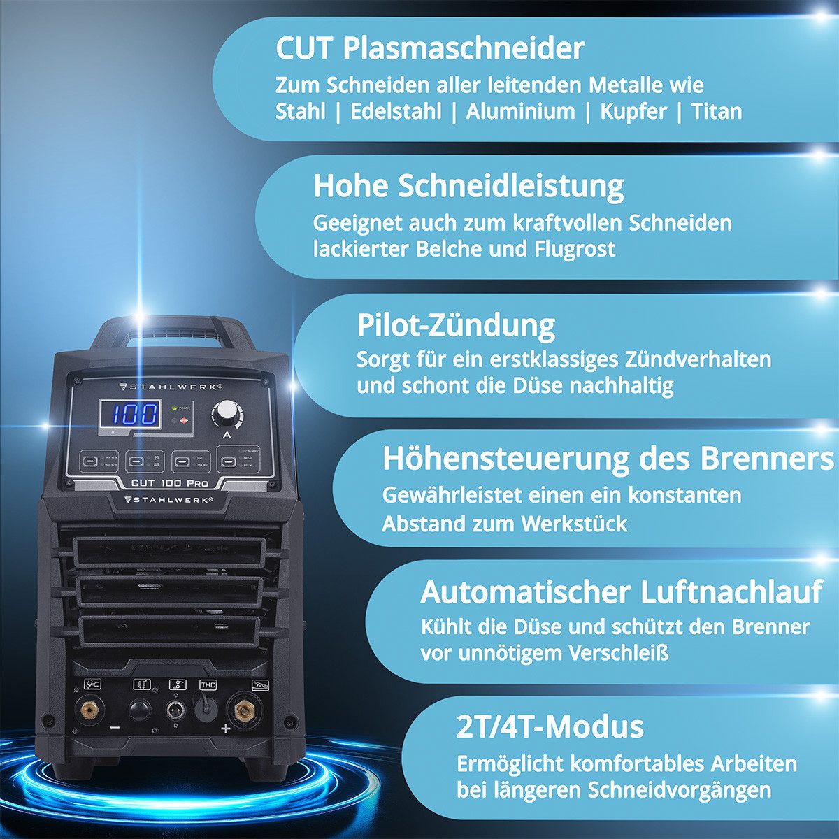 STAHLWERK Plasmaschneidegerät Plasmaschneider CUT 100 Pro mit 100 A und Schneidleistung bis 44 mm, 20 - 100 A, Packung, 1-tlg., Einzelgerät, bis 44 mm Schneidleistung
