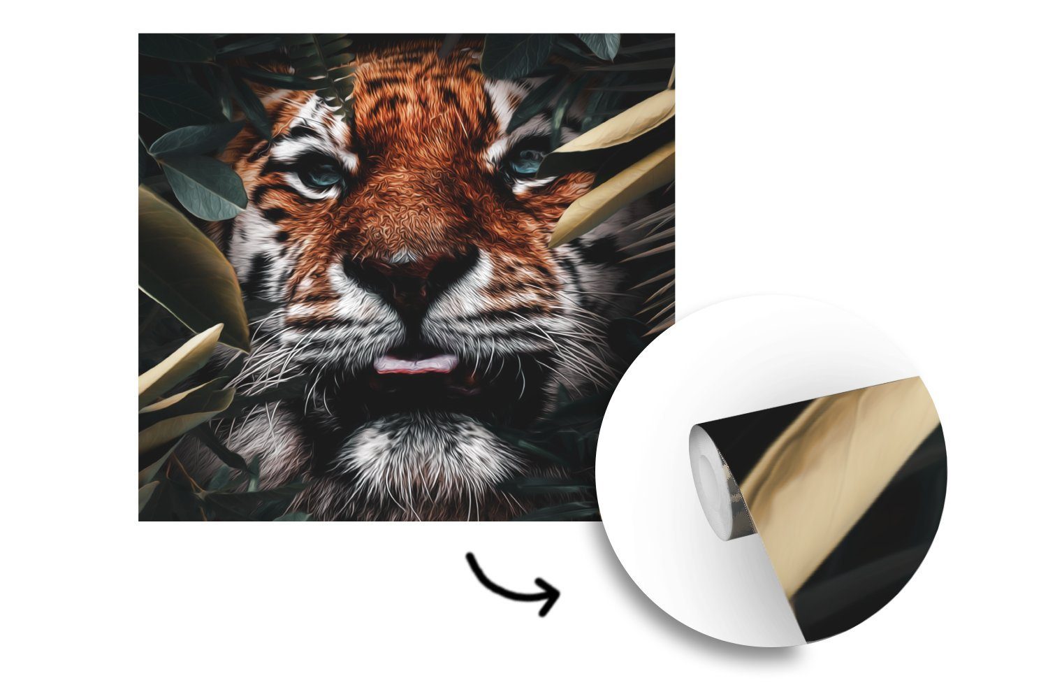 MuchoWow Fototapete Tiger - Tiere, Matt, Wohnzimmer Blatt Vinyl für Wandtapete St), (5 bedruckt, oder Schlafzimmer, Tapete 