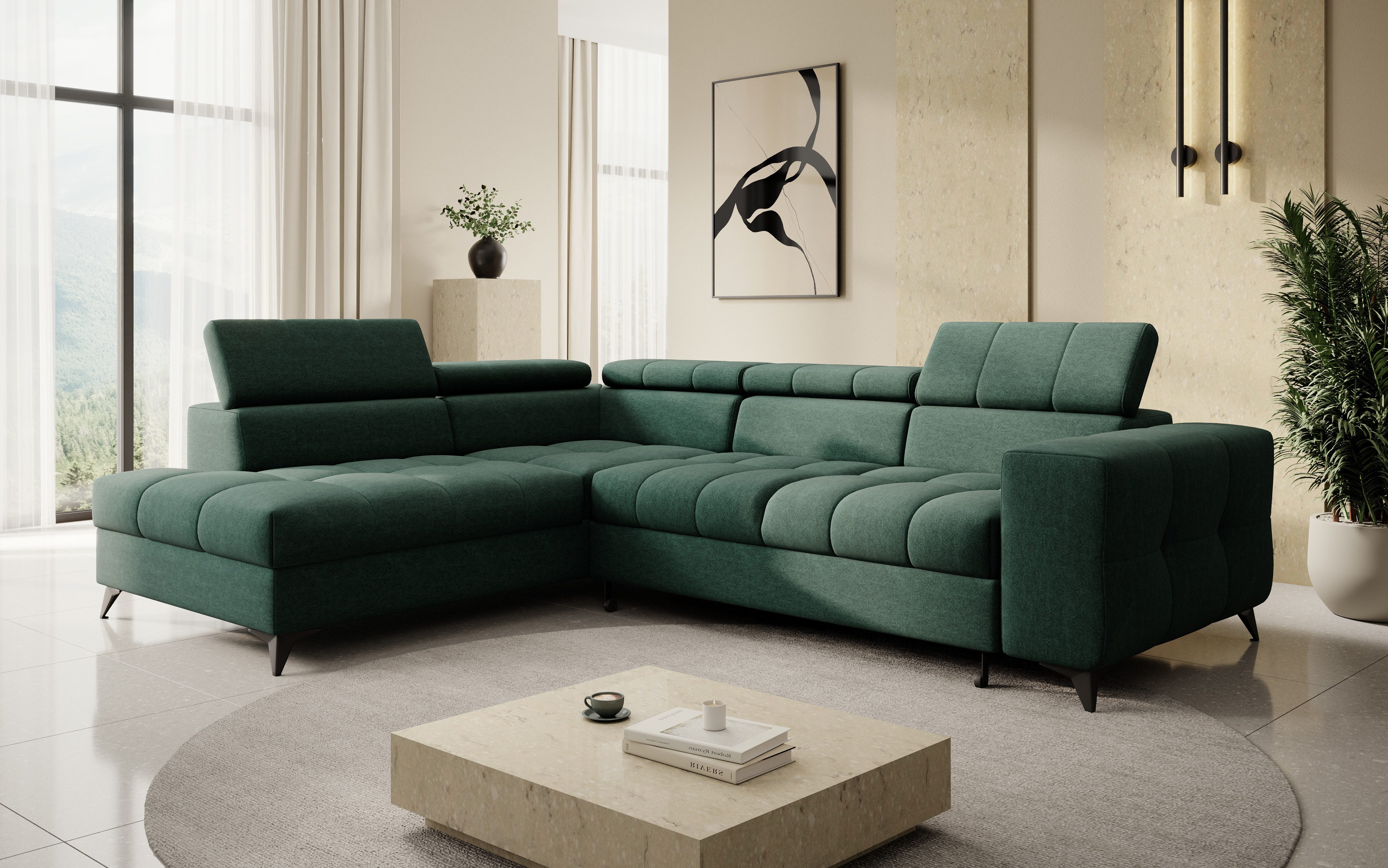 thematys Ecksofa SORANO mit Schlaffunktion & Bettkasten – L-Form, Bouclé und Velours, - mit verstellbaren Kopfstützen, – L-Form 270×203 cm – Schlafsofa mit Auszug, – L-Form 270×203 cm – Schlafsofa mit Auszug