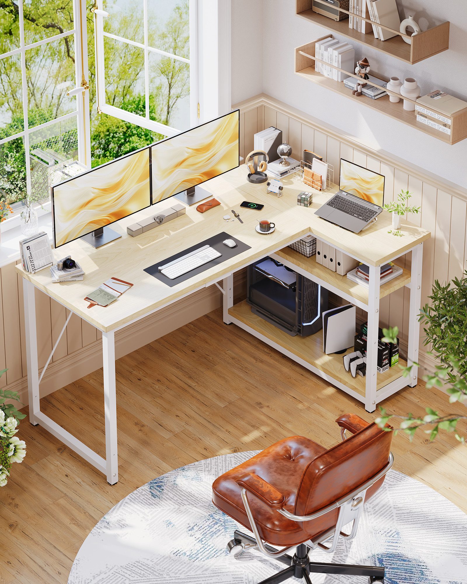 GUNJI Eckschreibtisch Eckschreibtisch Umkehrbarer L-förmiger Computer schreibtisch mit Hutch (Maße: 1 m/1,2 m/1,4 m/1,6 m, Schreibtisch mit verstellbaren Einlegeböden)