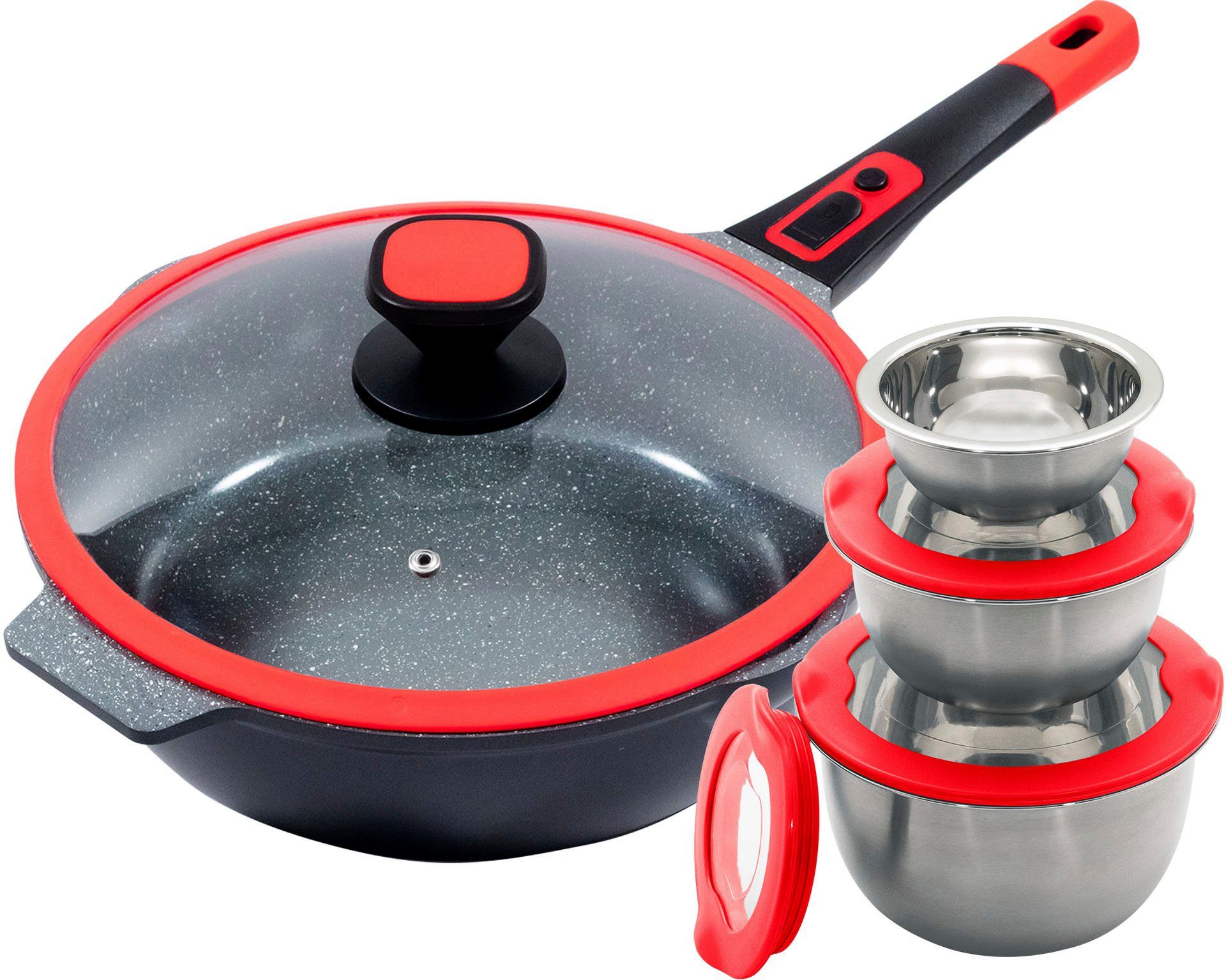 KING Bratpfanne Click-Grip, Aluminiumguss (Set, 8-tlg., 3 Ø17.5 Ø14.5cm Ø12cm mit Deckeln, 1 Pfanne Ø32cm mit Glasdeckel), Induktion, mit Glasdeckel, abnehmbarer Pfannengriff, 32 cm