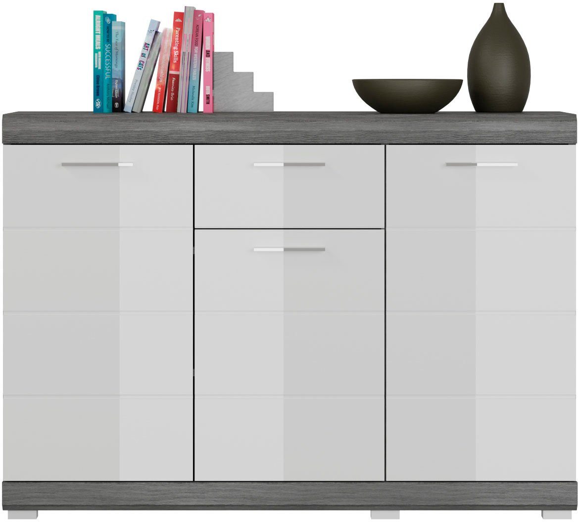 Home affaire Kommode SIENA, Breite 120 cm, 3 Türen, 1 Schubkasten, 5 Einlegeböden, 8 Fächer (hochwertige Rillenfräsung in MDF Front), Schuhkommode, Schuhschrank, Anrichte, Sideboard