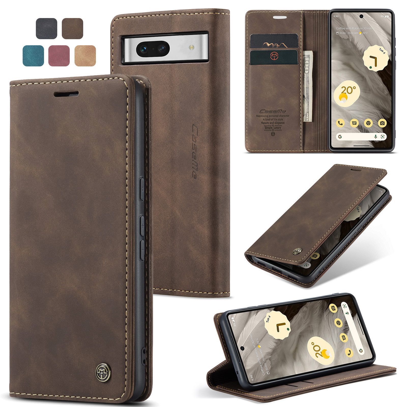CaseMe Handyhülle Hülle für Google Pixel Klapphülle Google Pixel 7a Dunkelbraun