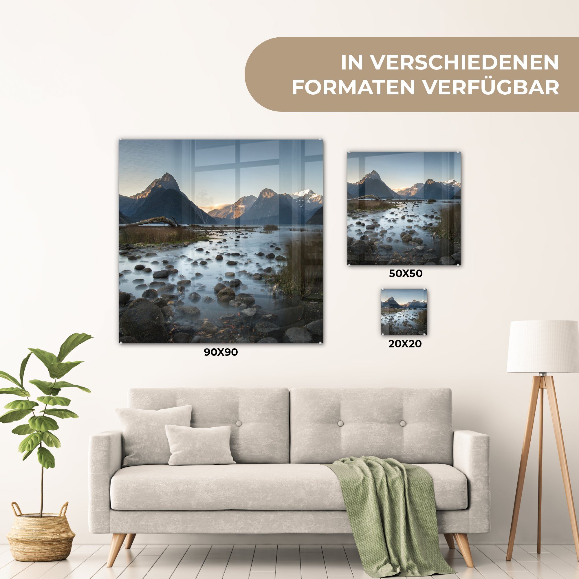 Wanddekoration (1 im Glasbilder auf - Foto - Fiordland-Nationalpark, Glas See MuchoWow und Acrylglasbild Glas - St), Bilder Berge Wandbild auf