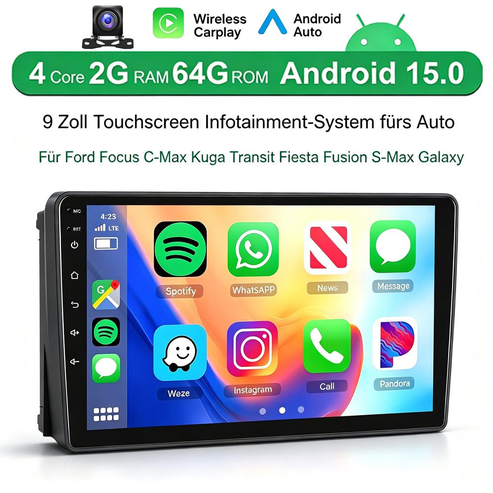 ESSGOO DAB+ Android 15 Carplay Für Ford Focus Mk2 Transit C/S-MAX Galaxy Kuga Navigationsgerät (Apple Carplay Android Auto GPS Navi WIFI BT 4.1 EQ RDS SWC)