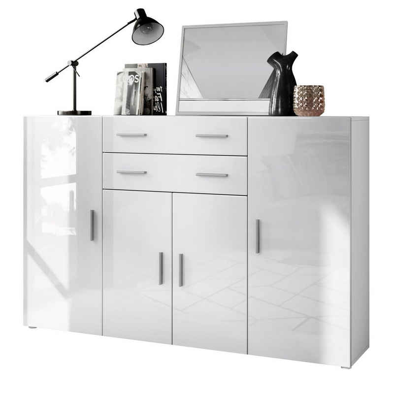 Vladon Sideboard »Aron«, Anrichte mit 4 Türen und 2 Schubladen, Weiß matt/Weiß Hochglanz (166,5 x 106,5 x 35 cm)