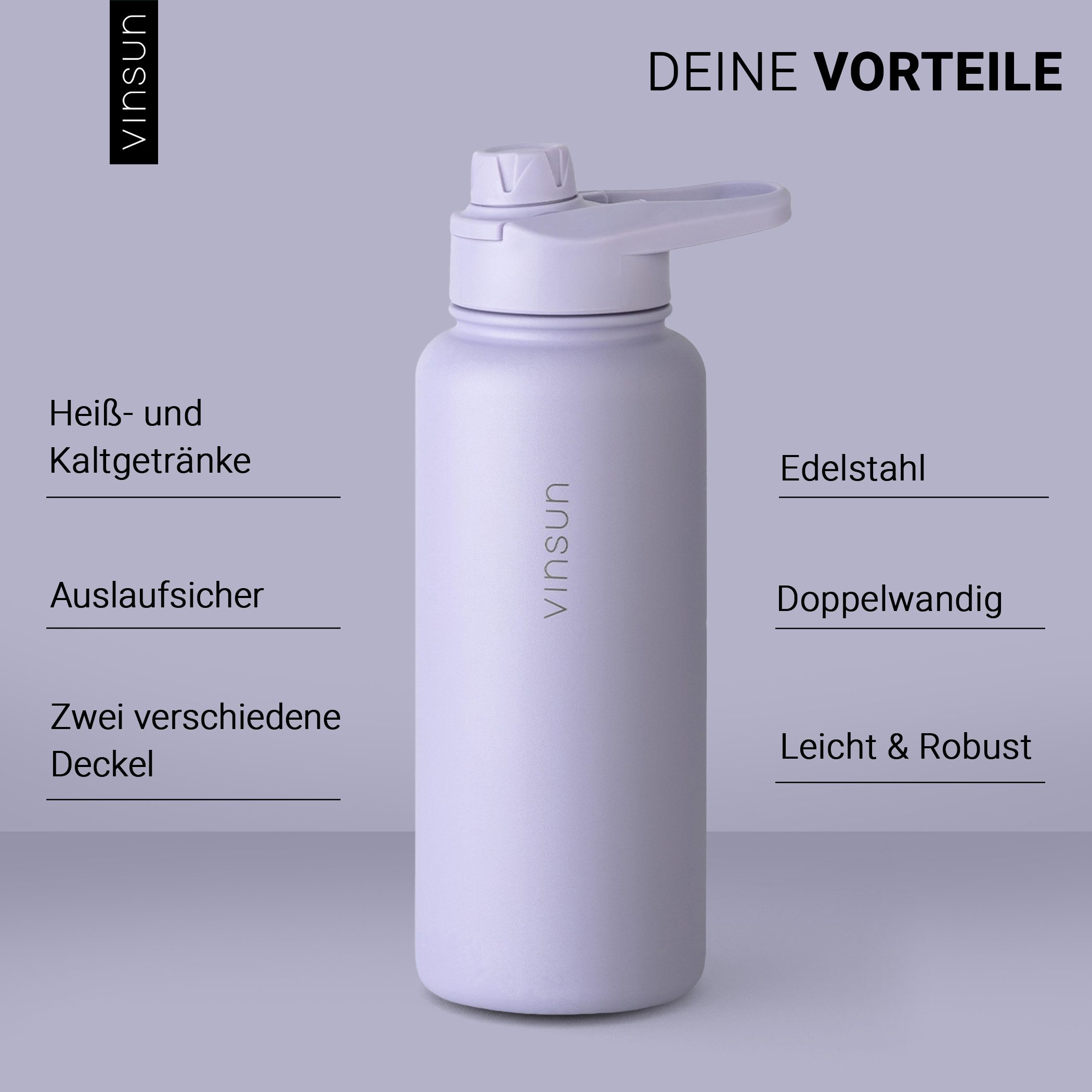 Vinsun Isolierflasche Edelstahl Trinkflasche 750ml Strohhalm - 2 Deckel Thermoflasche, BPA frei, doppelwandig, auslaufsicher, bruchsicher, geruchsneutral