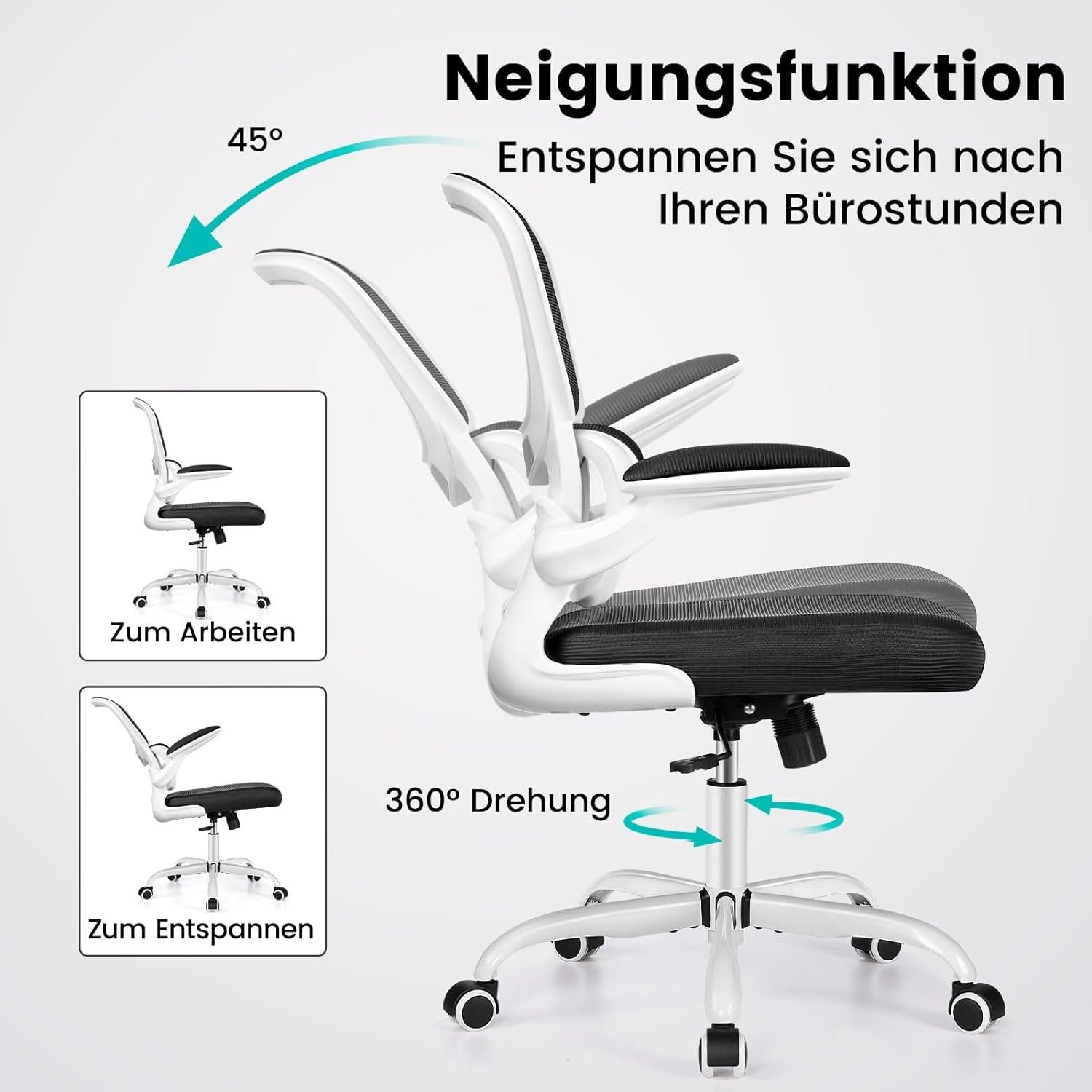 Razzor (Hochklappbaren Höhenverstellbarer Drehstuhl), Armlehnen, Schreibtisch,Lendenwirbelstütze Ergonomischer 136KG bis Bürostuhl Wippfunktion, Atmungsaktiv