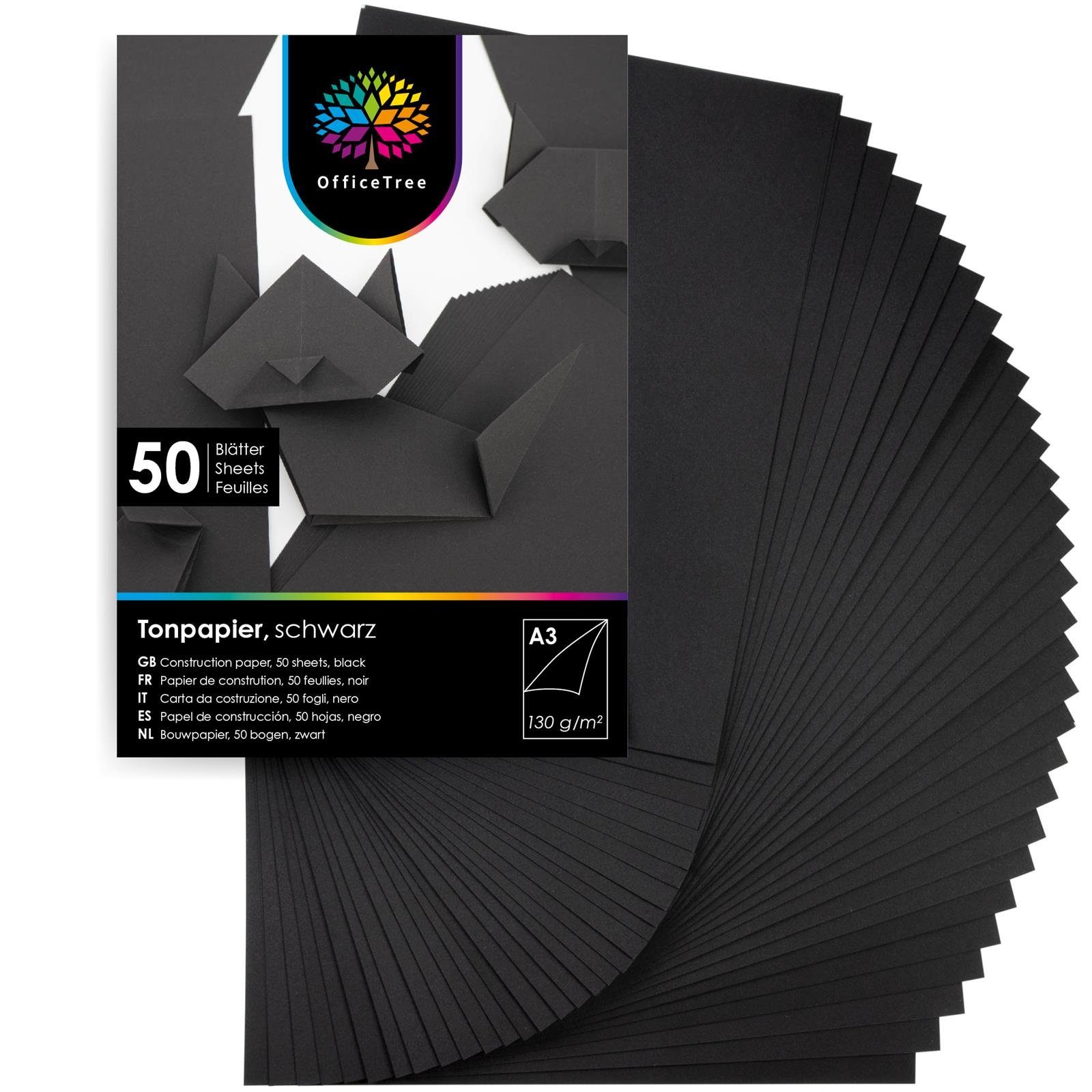 OfficeTree Transparentpapier 50 Blatt Bastelpapier Schwarz - Tonpapier A3, 130g/m2