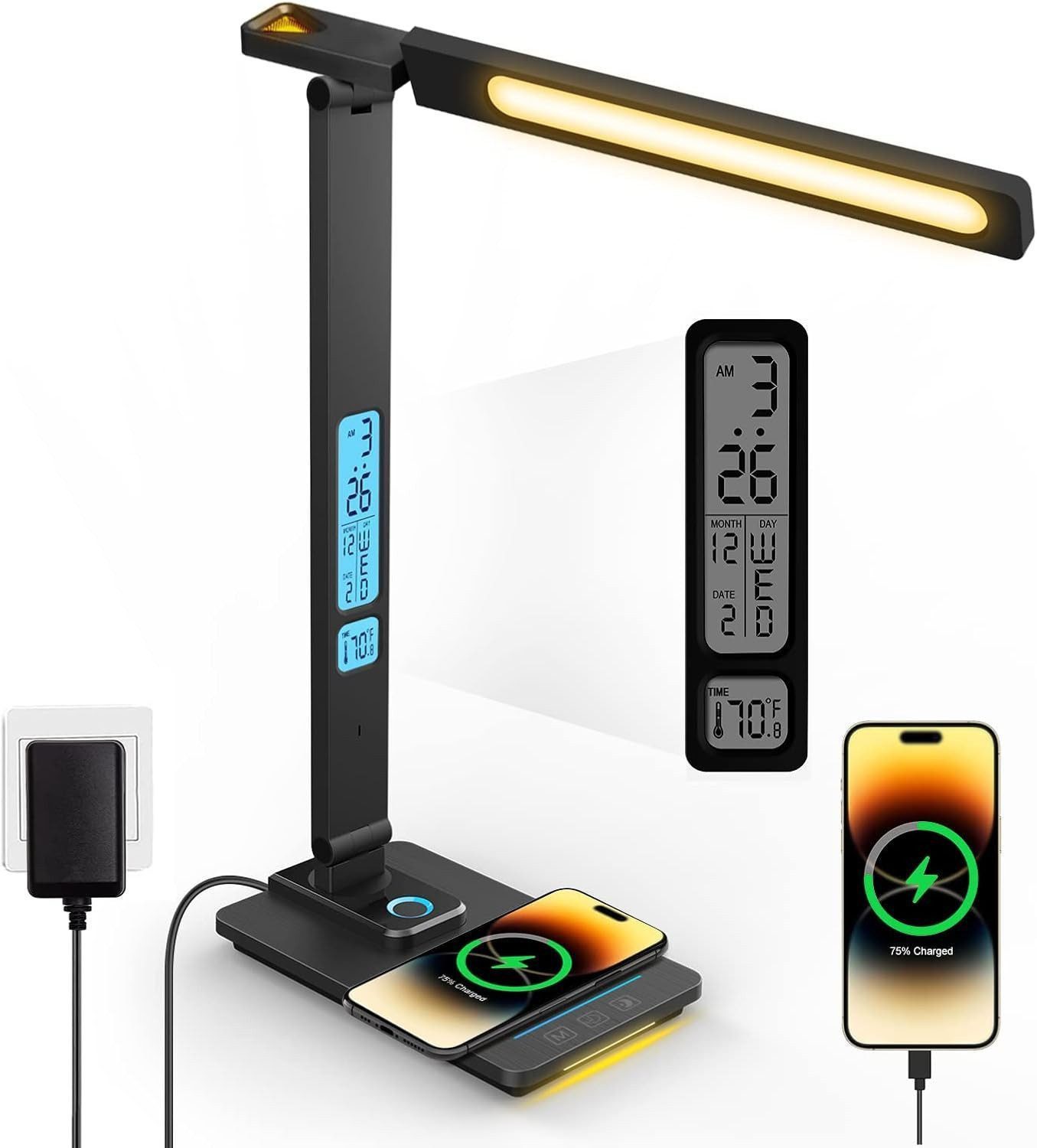 Toomoke LED Schreibtischlampe LED Tischlampe Dimmbar mit 10W Qi Laden, USB, Touch, dimmbar, LED fest integriert, Warmweiß, LCD Uhr, 5 Lichtfarben, Nachtlicht, Timer, klappbar, Homeoffice