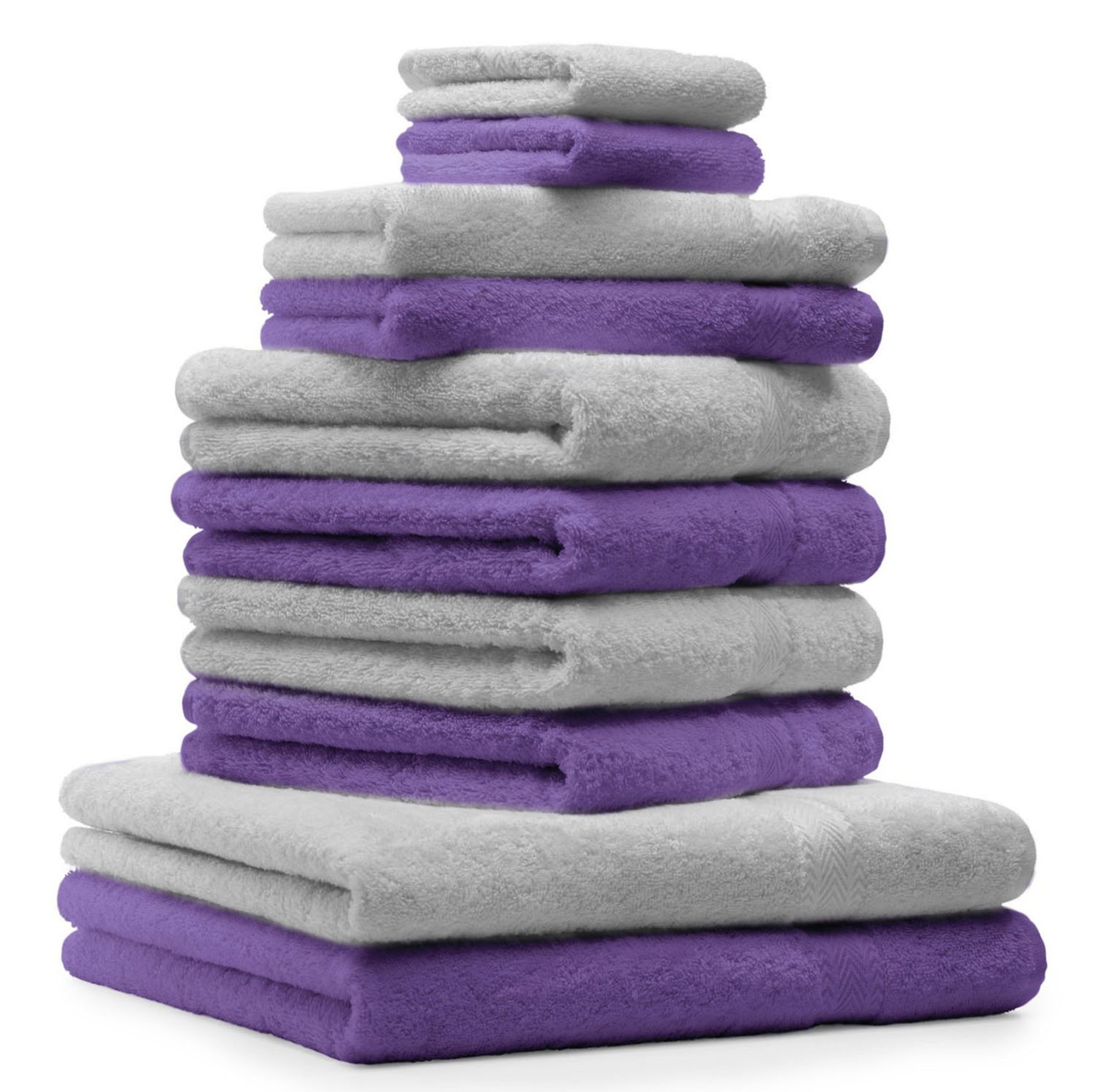 Betz Handtuch Set 10-TLG. Premium Farbe Silber Grau & Lila, 100% Baumwolle (Set, 10-St), Farbe Silber Grau & Lila
