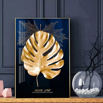 TPFLiving Kunstdruck (OHNE RAHMEN) Poster - Leinwand - Wandbild, Goldene Blätter auf blauem Hintergrund - Wanddeko Wohnzimmer - (13 verschiedene Größen zur Auswahl - Auch im günstigen 3-er Set), Farben: Gold, Blau - Größe: 50x70cm