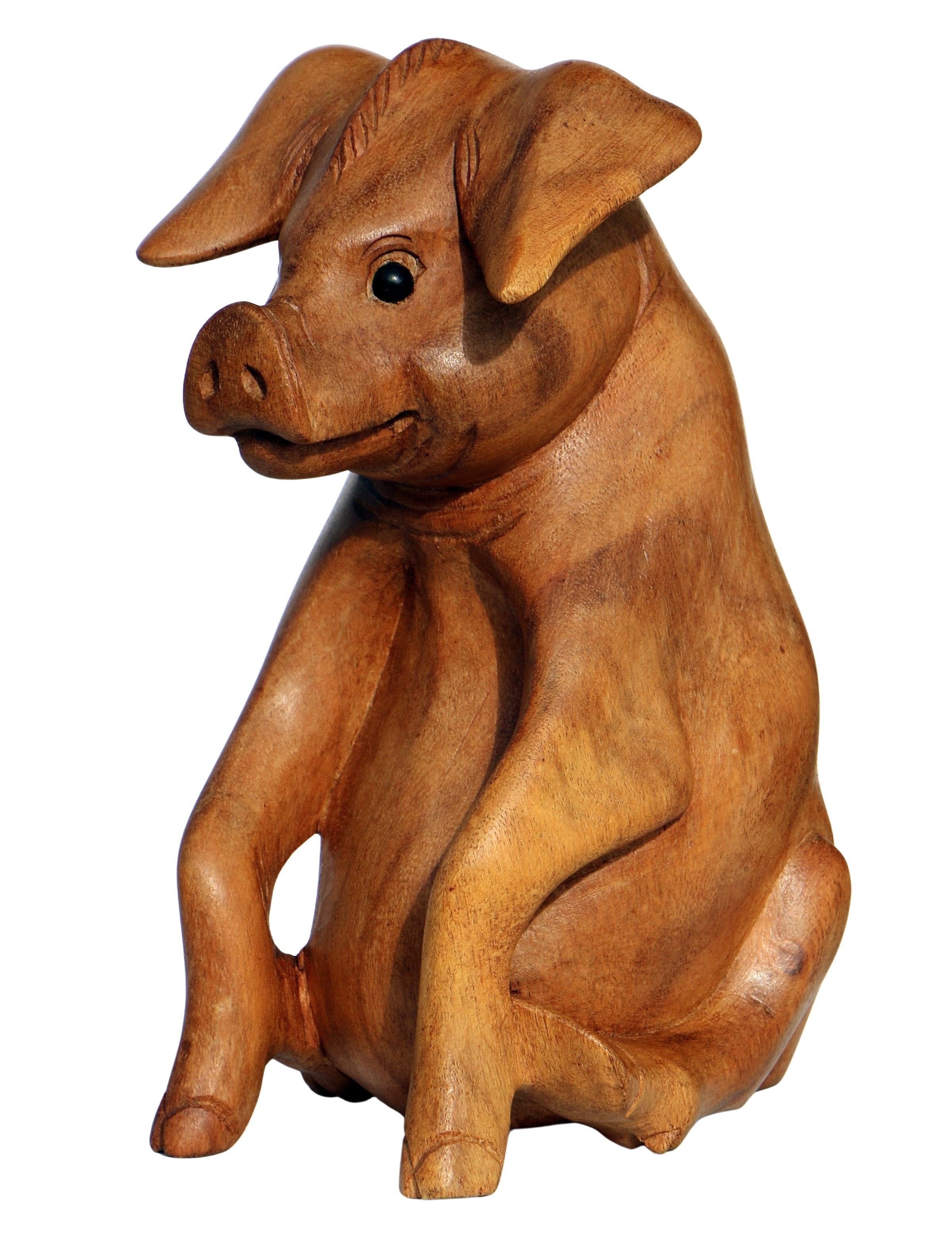 Wogeka Tierfigur sitzendes Glücksschwein Schwein Holz Figur Tier Statue Dekoration