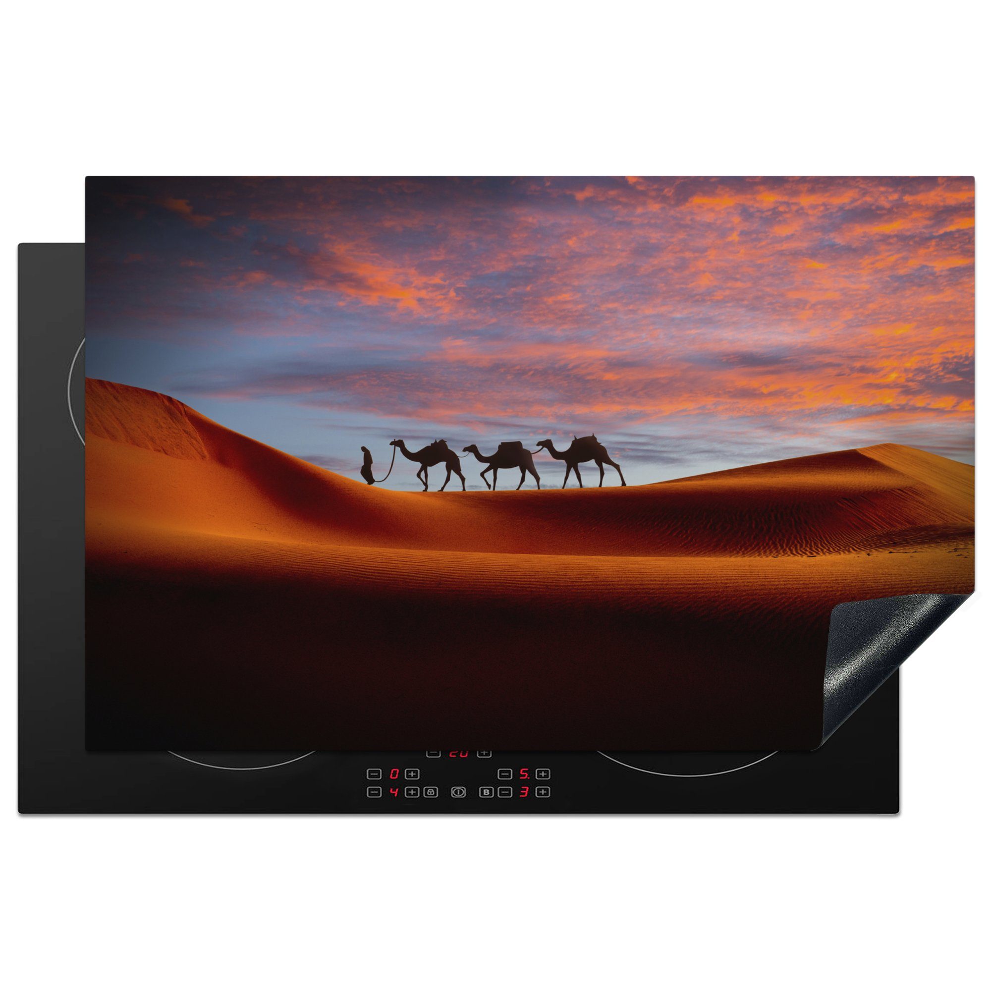 MuchoWow Herdblende-/Abdeckplatte Kamele - Mensch - Sonnenuntergang, Vinyl, (1 tlg), 81x52 cm, Induktionskochfeld Schutz für die küche, Ceranfeldabdeckung