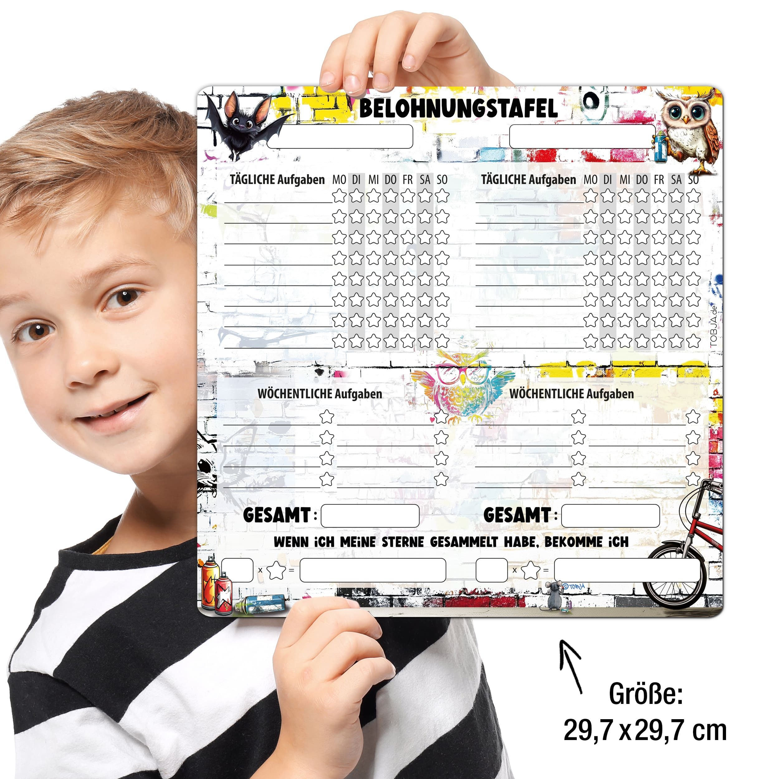 TOBJA Magnettafel Magnetische Belohnungstafel XL 2 Kinder Graffiti 4Stifte, Routine Planer Kinder 30x30 cm, abwischbar