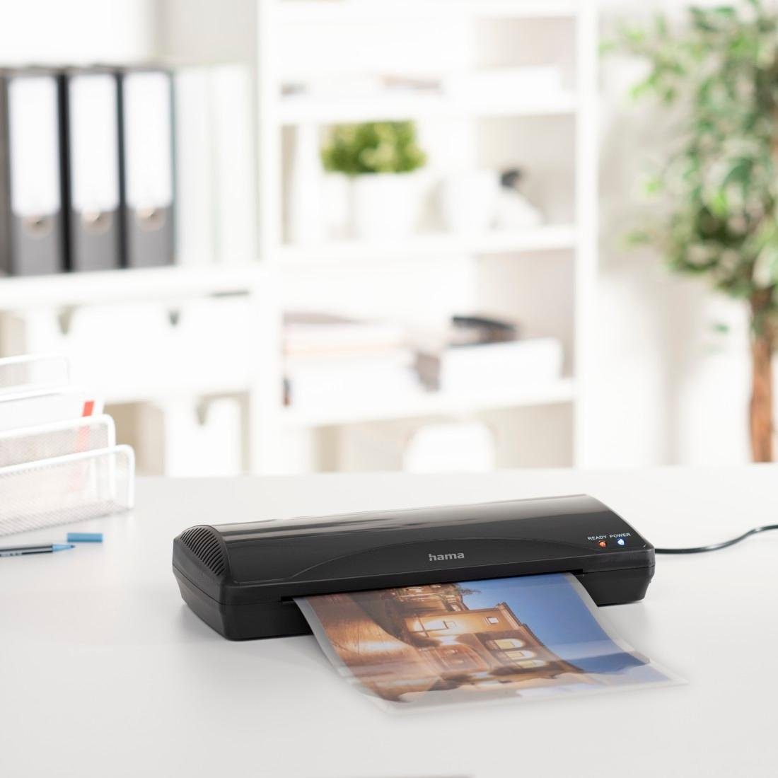 Hama Laminiergerät Laminator für DIN A4, Heiß- und Kaltlaminierung, 2 Rollen, schwarz, Mit Laminierfolien, Tischgerät, Verwendung im Office und Privat