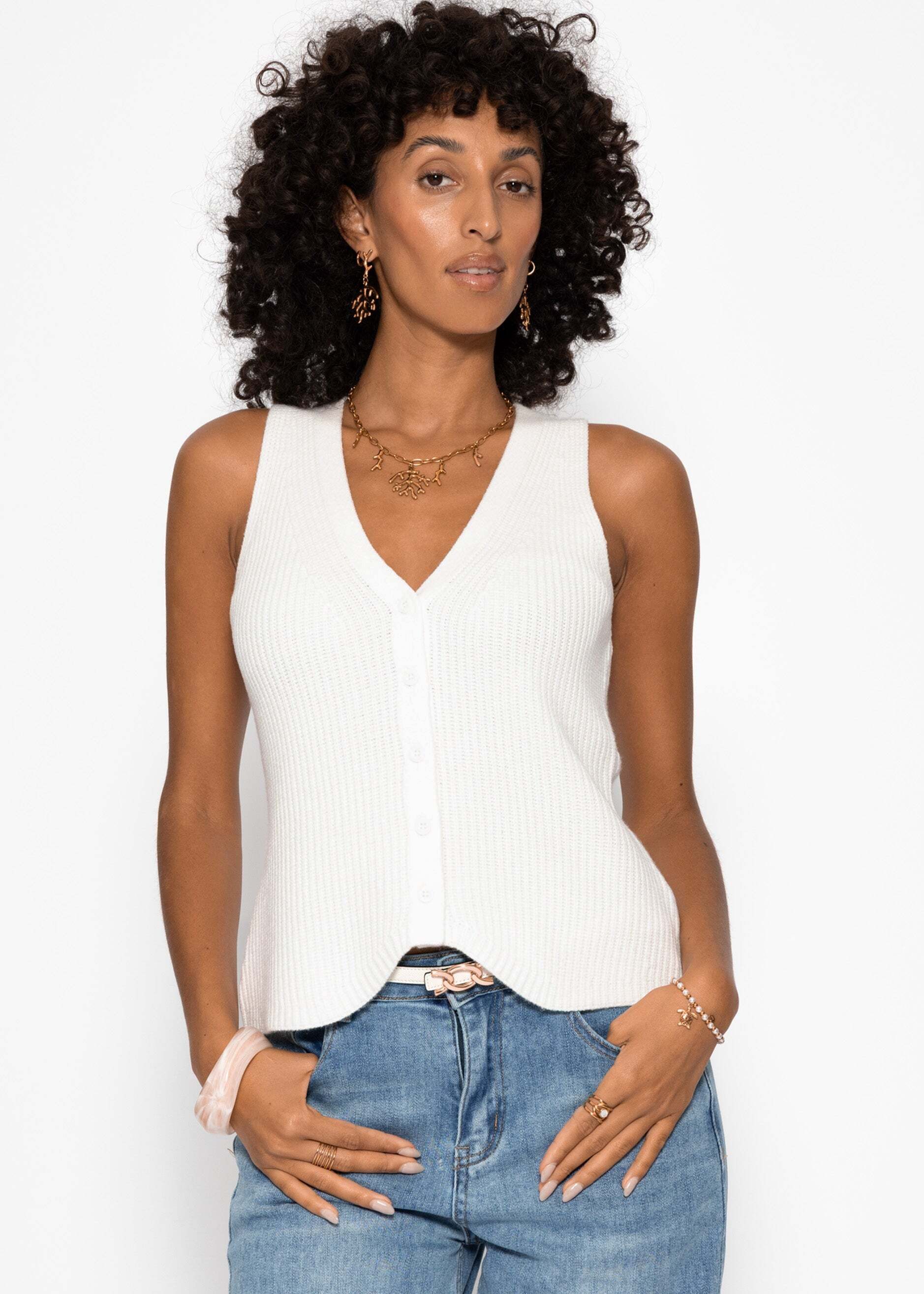 SASSYCLASSY Stricktop Strick-Top mit Knopfleiste für Damen Ärmelloses Top aus feiner Rippstruktur mit tiefem V-Ausschnitt