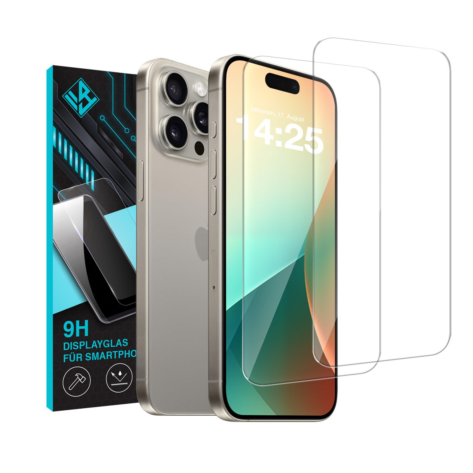 Tec-Expert Displayschutzglas 2X 9H Displayglas für Apple iPhone 15 Pro Max für Apple iPhone 15 Pro Max, Displayschutzfolie, 2 Stück, Displayschutz, Schutzglas, Bildschirmschutz, kratz- & stoßfest