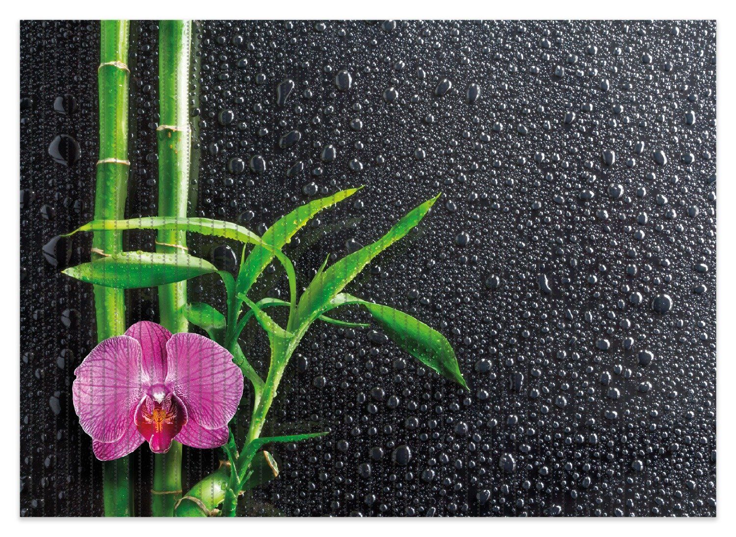 Schaum-Badematte Bambus und pinke Orchidee auf schwarzem Glas mit Regentropfen Wallario, Höhe 5.5 mm, rutschhemmend, geeignet für Fußbodenheizungen, Polymer-Schaum, rechteckig