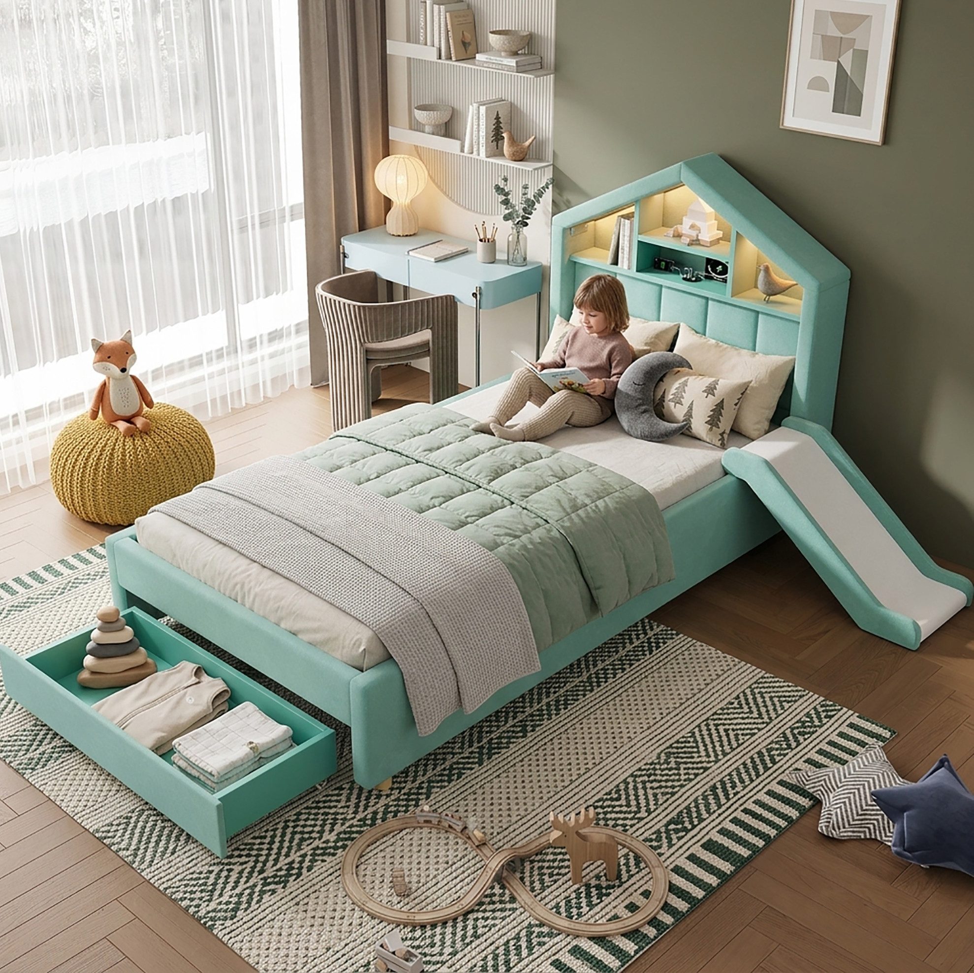 REDOM Kinderbett Polsterbett mit Rutsche und Stauraum, Funktionsbett (Stauraumbett 90x200 cm mit LED-Licht, Ladeanschluss, praktischem Regal am Kopfteil und geräumigem Bettkasten, Funktionsbett Jugendbett), Inklusive Matratze