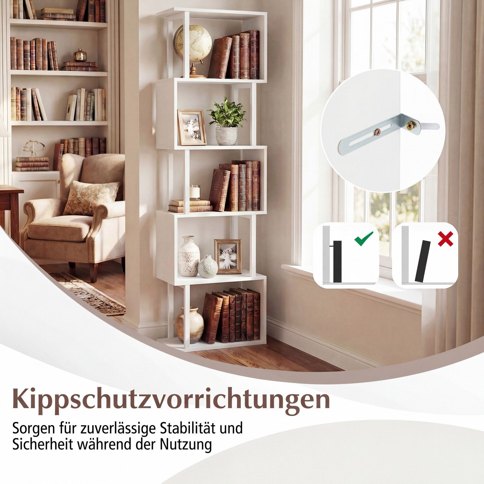 COSTWAY Bücherregal, 5 stöckiges geometrisches, mit Metallrahmen, Kippschutz