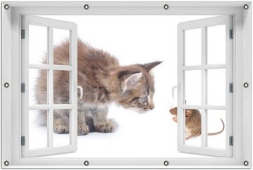 Wallario Sichtschutzzaunmatten Katze und Maus beim Spielen - weißer Hintergrund, mit Fenster-Illusion