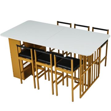 KLAM HOME Essgruppe Esszimmerset mit Esstischstuhl und Küchetisch, (Set, 7-tlg., Esstisch mit 6 Stühlen), Tischgruppe Küchentisch-Set mit Stahlgestell Weiß und Gold